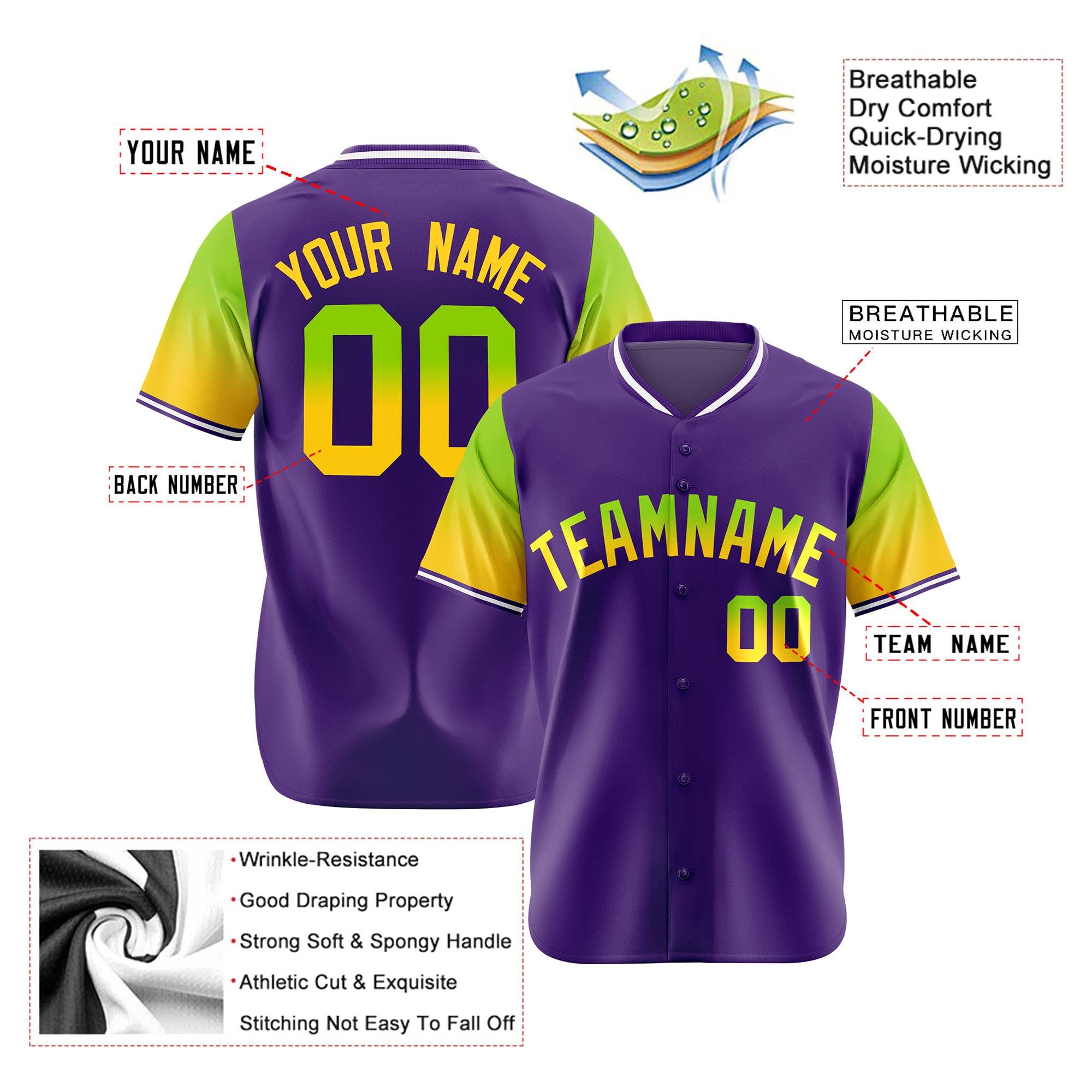 Custom Purple Neon Green-Gold Gradient Fashion Authentic Baseball Jersey