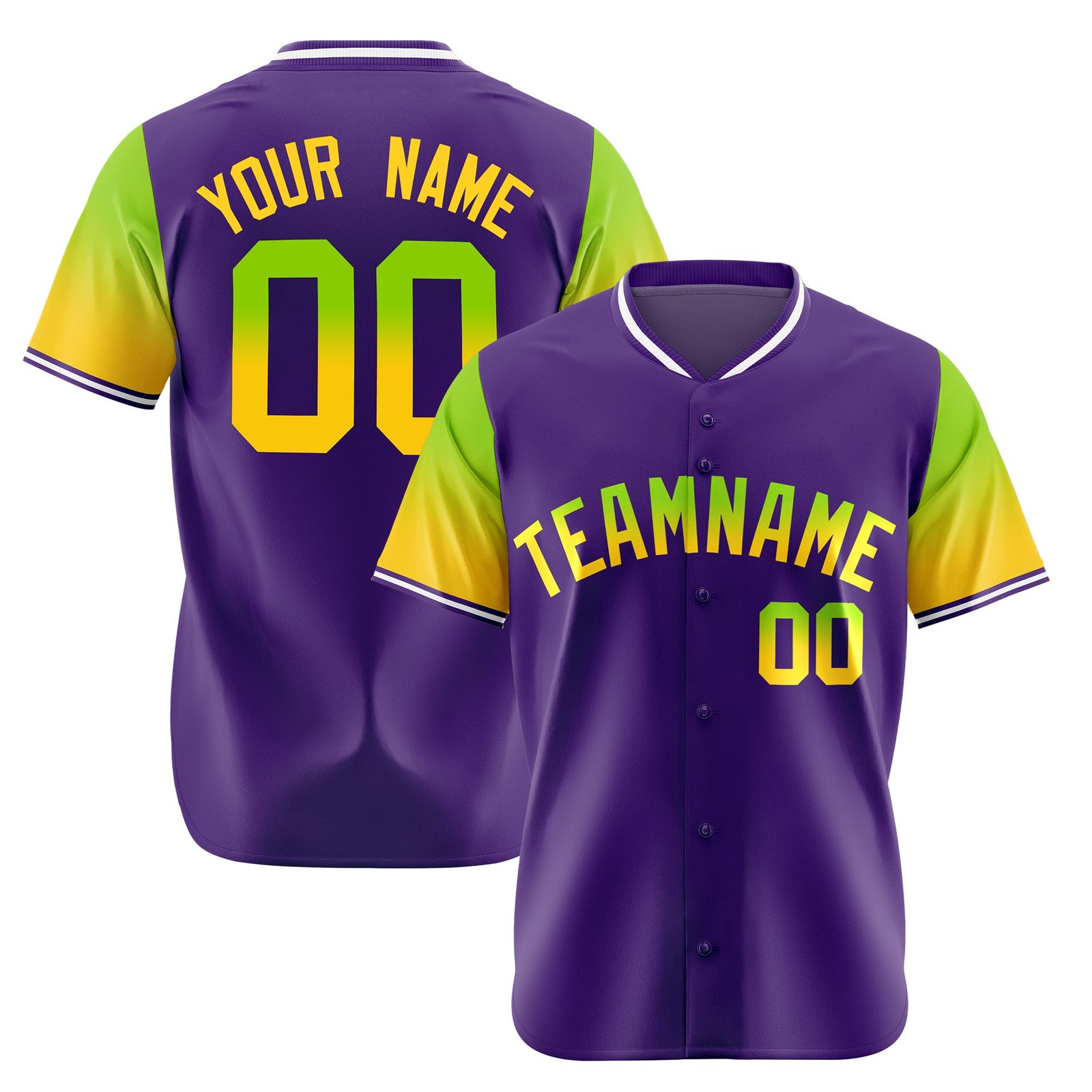 Custom Purple Neon Green-Gold Gradient Fashion Authentic Baseball Jersey