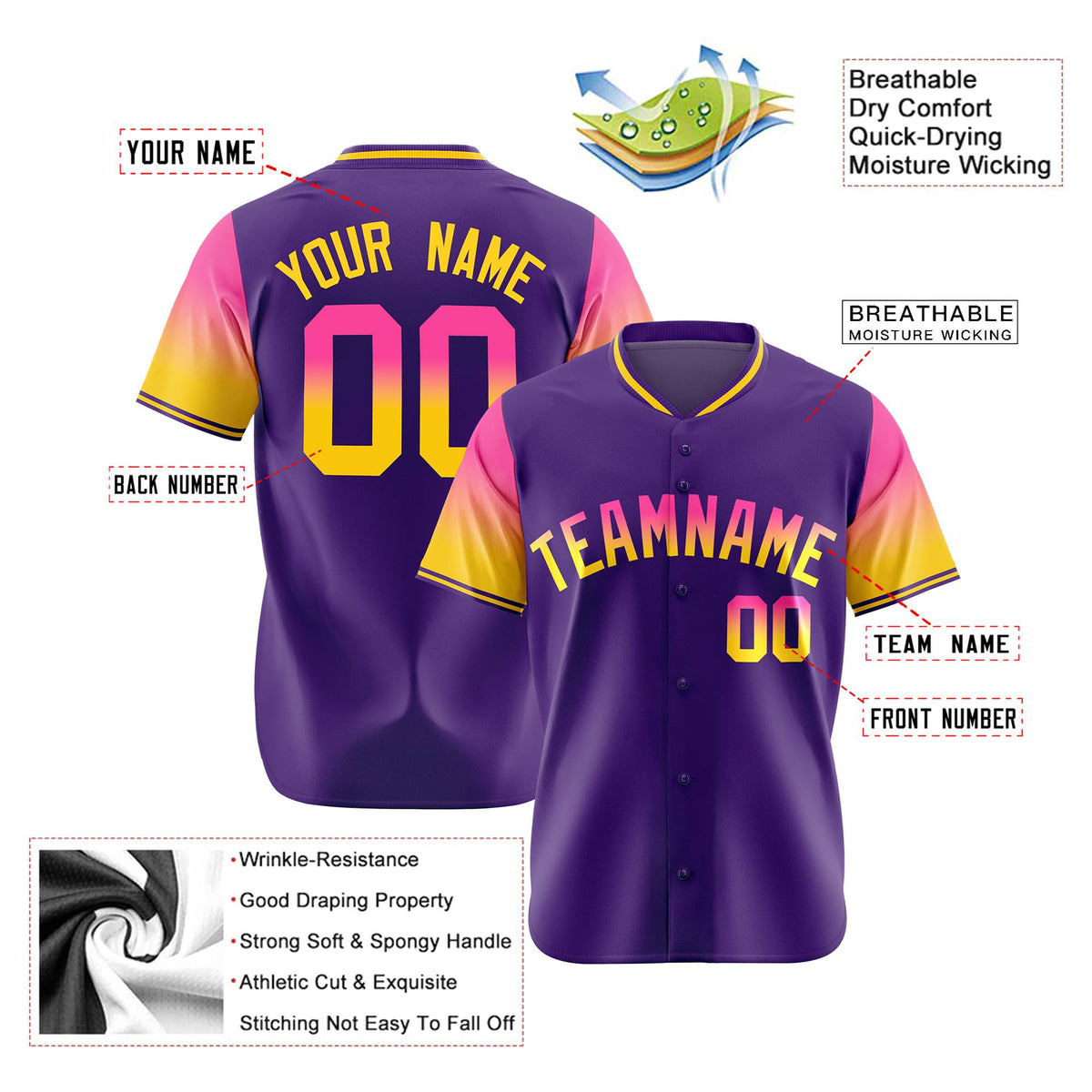 Custom Purple Pink-Gold Gradient Fashion Authentic Baseball Jersey