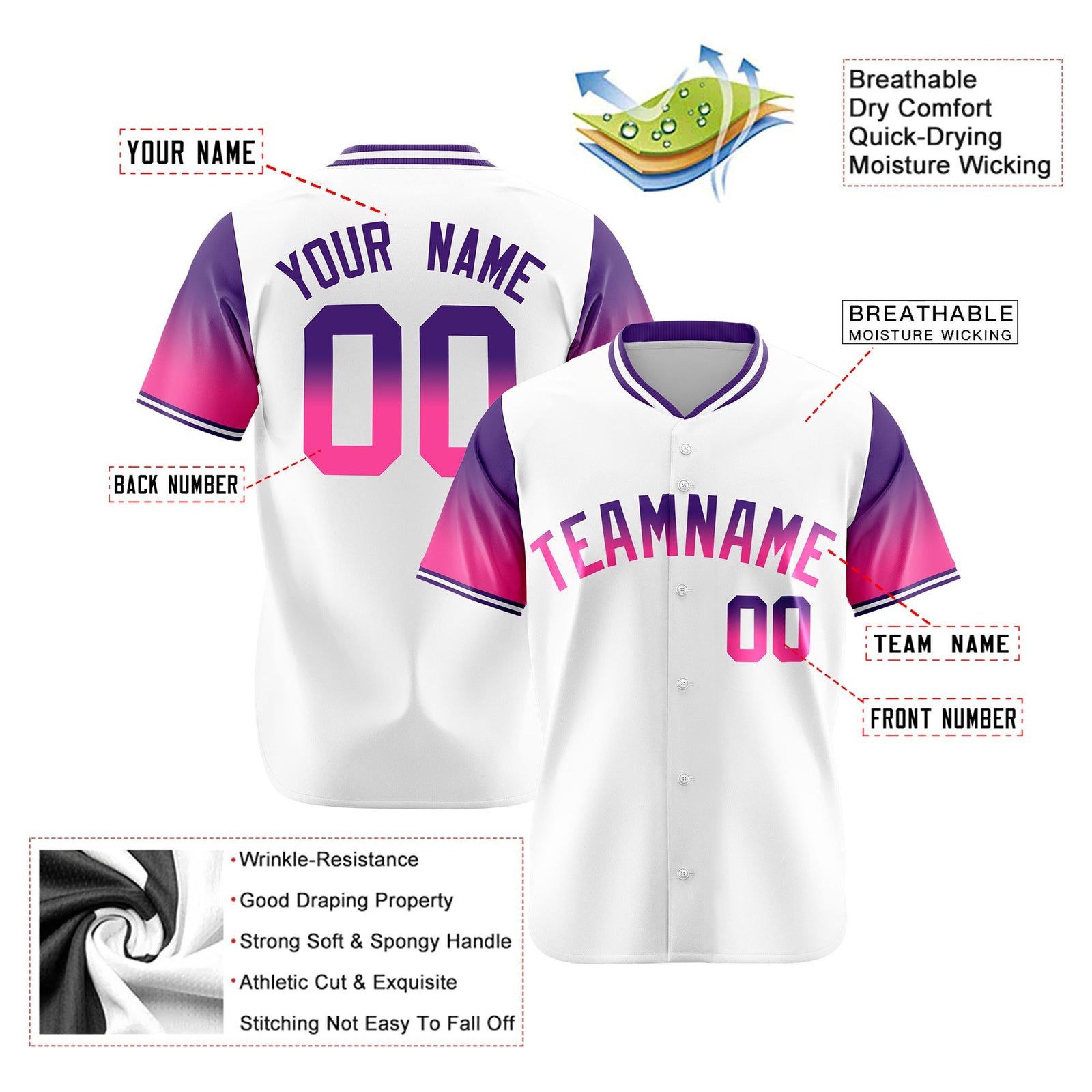 Custom White Purple-Pink Gradient Fashion Authentic Baseball Jersey