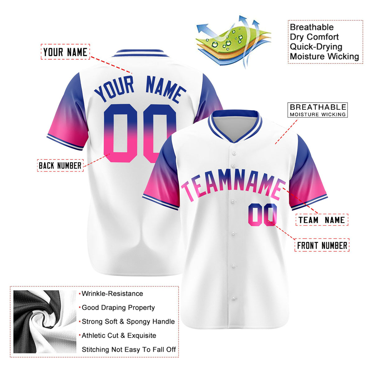 Custom White Royal Blue-Pink Gradient Fashion Authentic Baseball Jersey