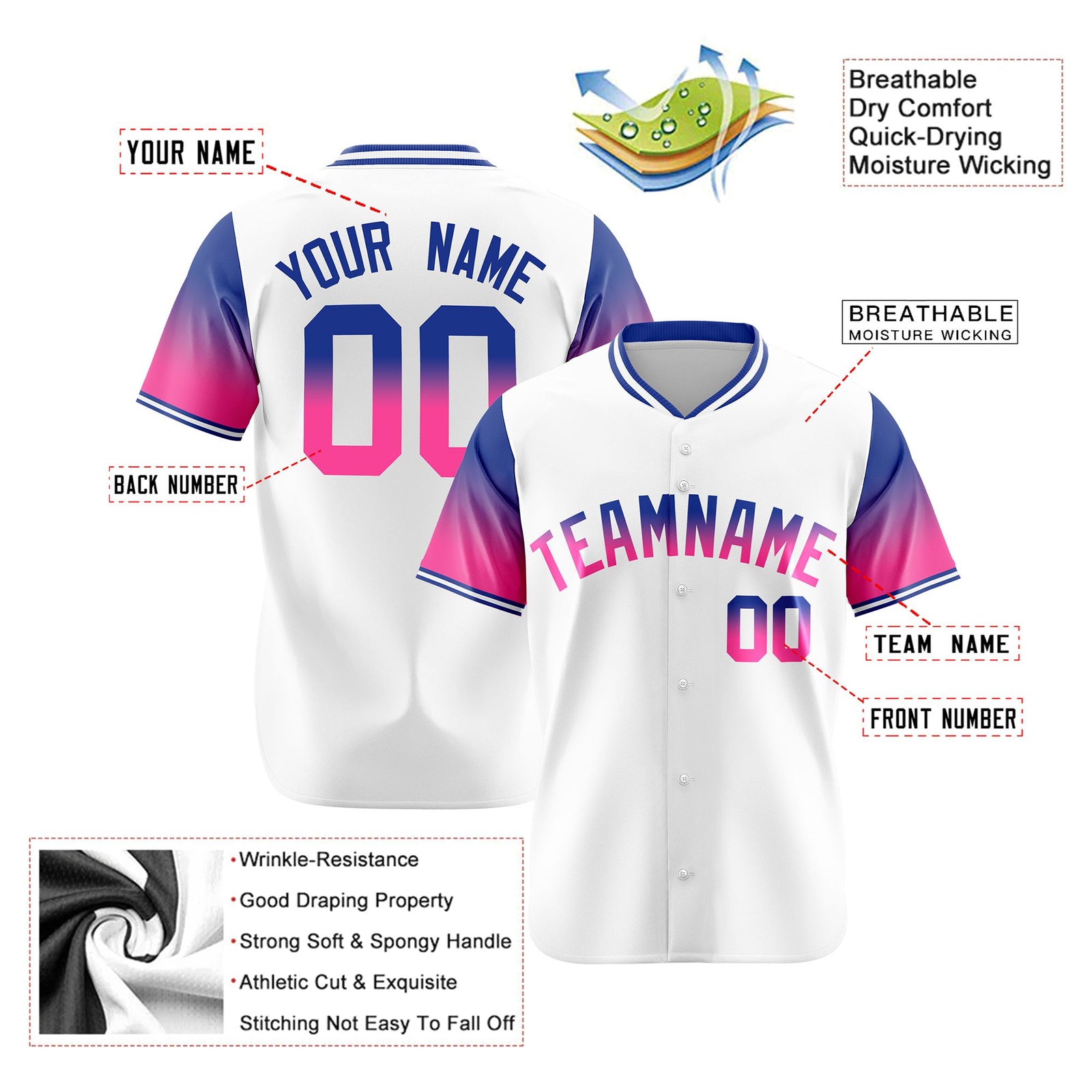 Custom White Royal Blue-Pink Gradient Fashion Authentic Baseball Jersey