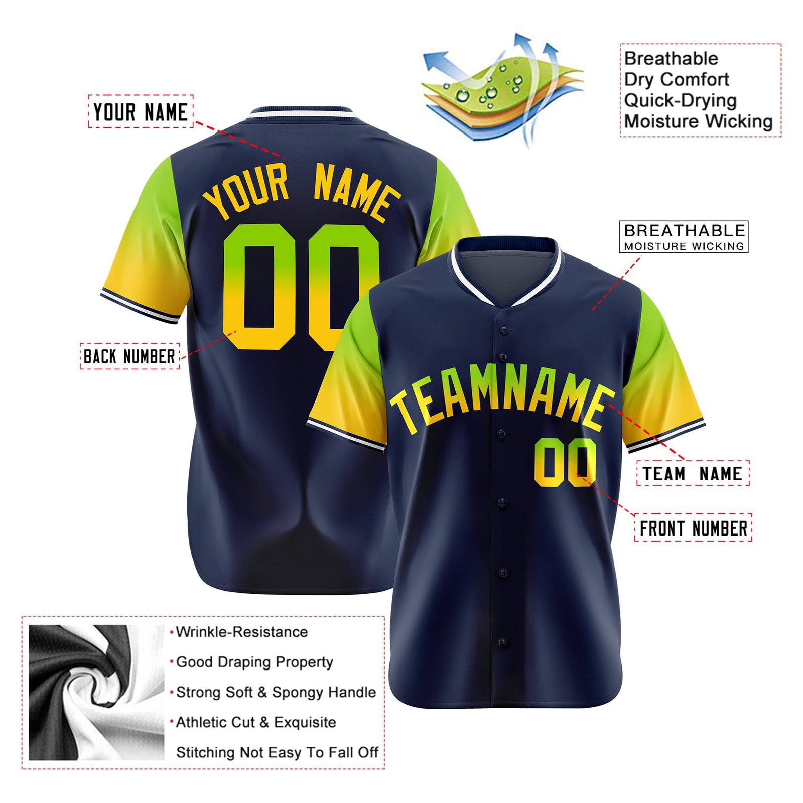 Custom Navy Neon Green-Gold Gradient Fashion Authentic Baseball Jersey