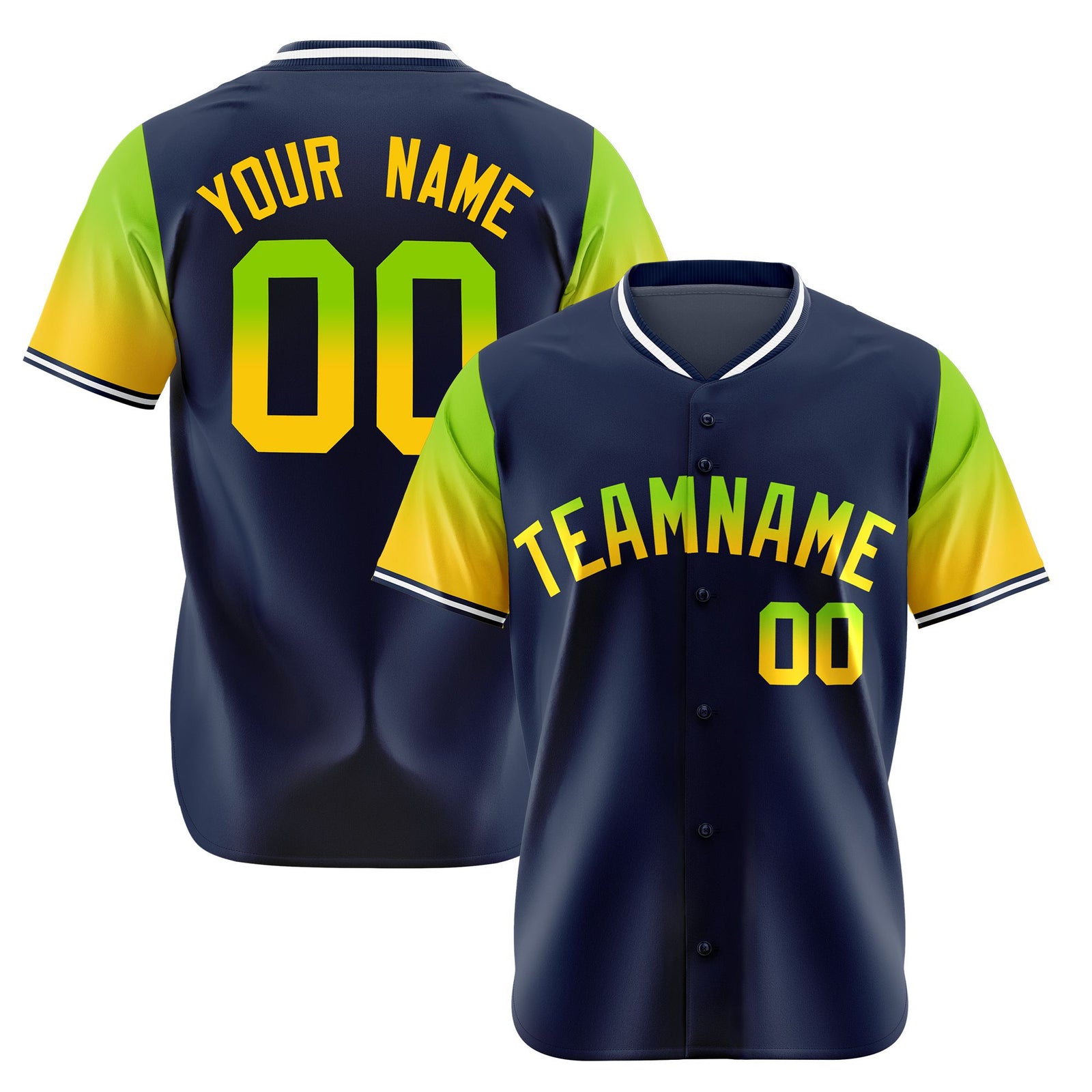 Custom Navy Neon Green-Gold Gradient Fashion Authentic Baseball Jersey