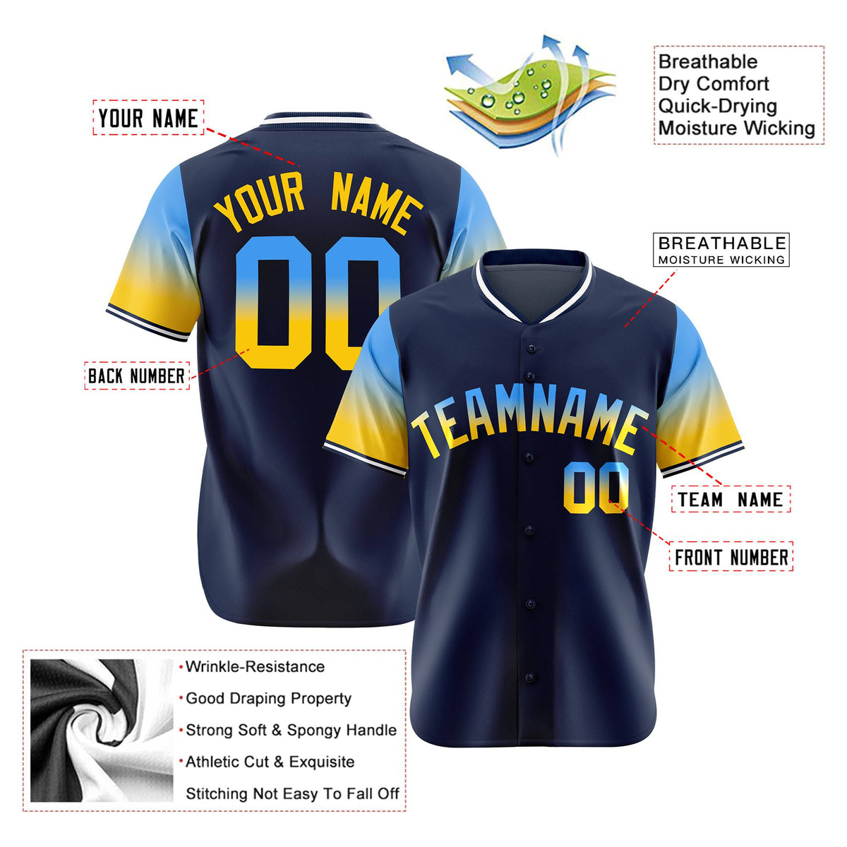Custom Navy Powder Blue-Gold Gradient Fashion Authentic Baseball Jersey