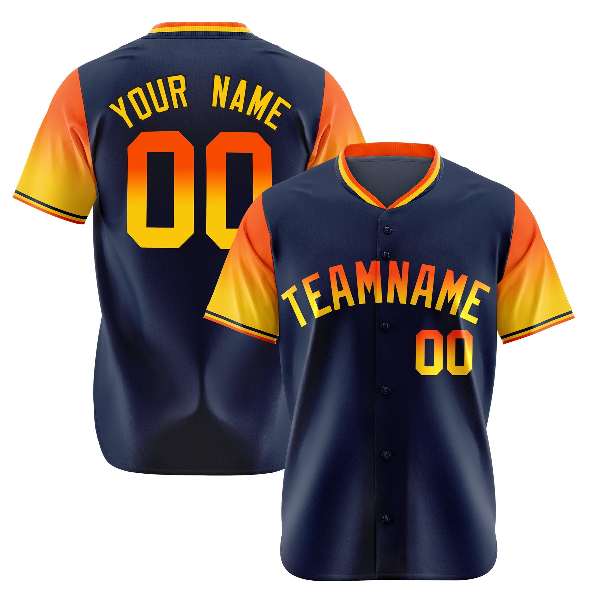 Custom Navy Orange-Gold Gradient Fashion Authentic Baseball Jersey