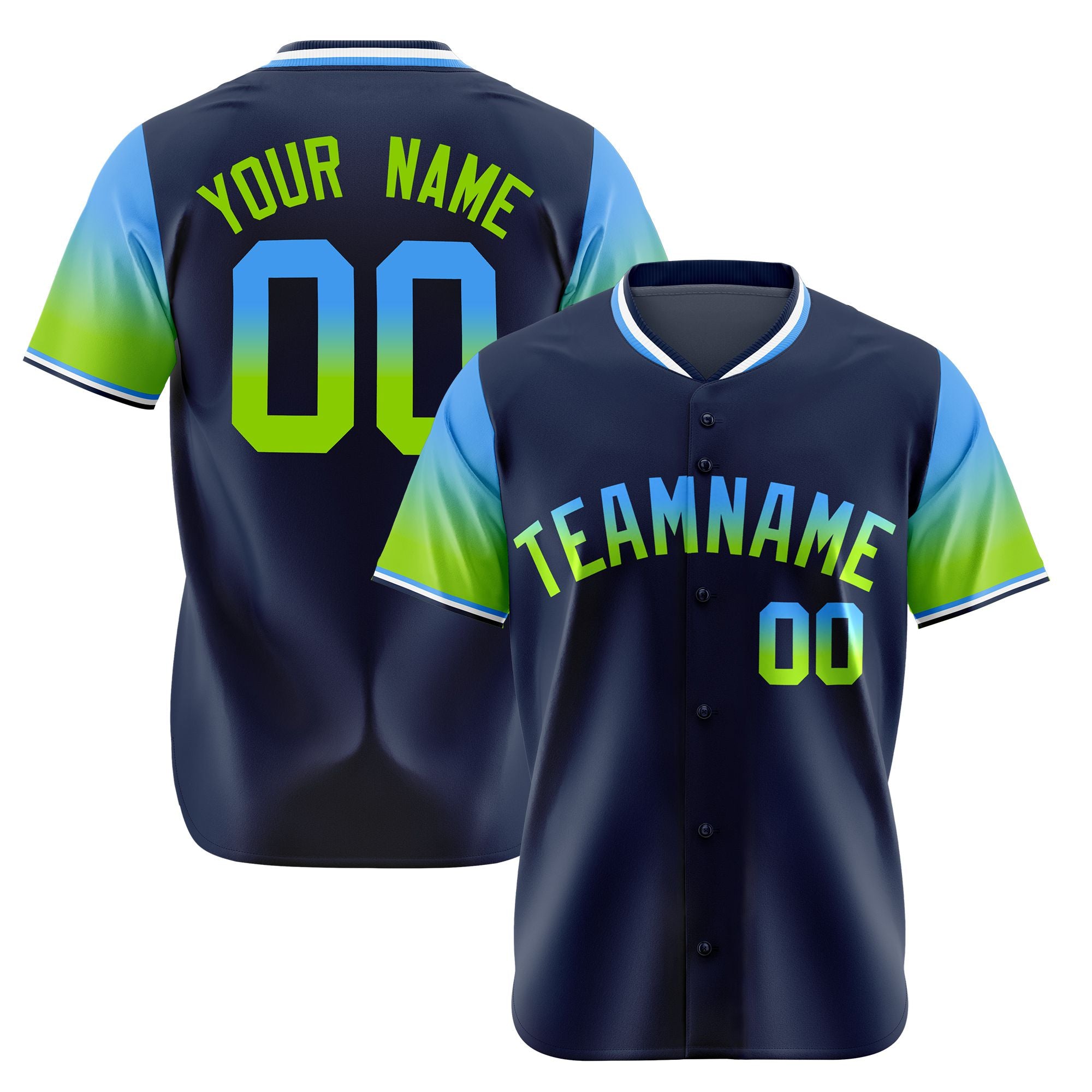 Custom Navy Powder Blue-Neon Green Gradient Fashion Authentic Baseball Jersey