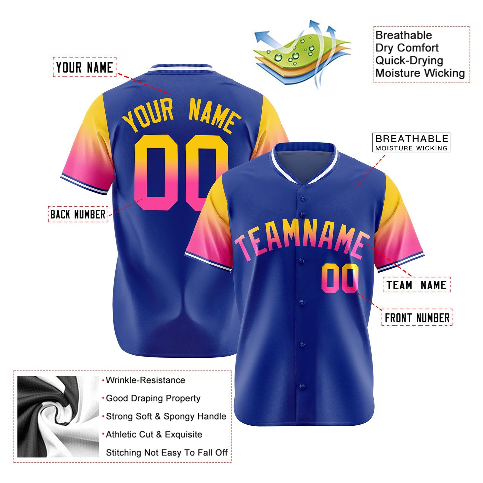 Custom Royal Blue Gold-Pink Gradient Fashion Authentic Baseball Jersey