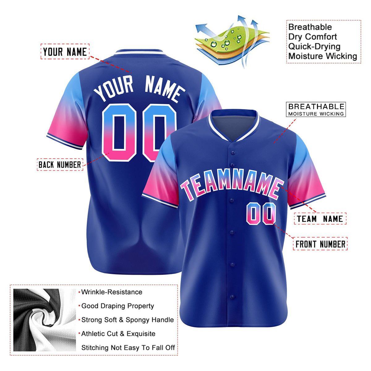 Custom Royal Blue Powder Blue-Pink Gradient Fashion Authentic Baseball Jersey