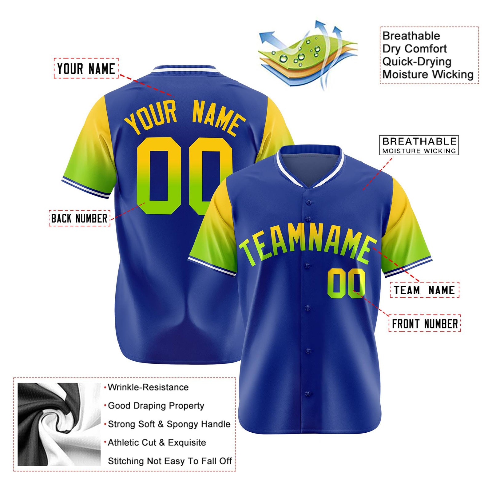 Custom Royal Blue Gold-Neon Green Gradient Fashion Authentic Baseball Jersey