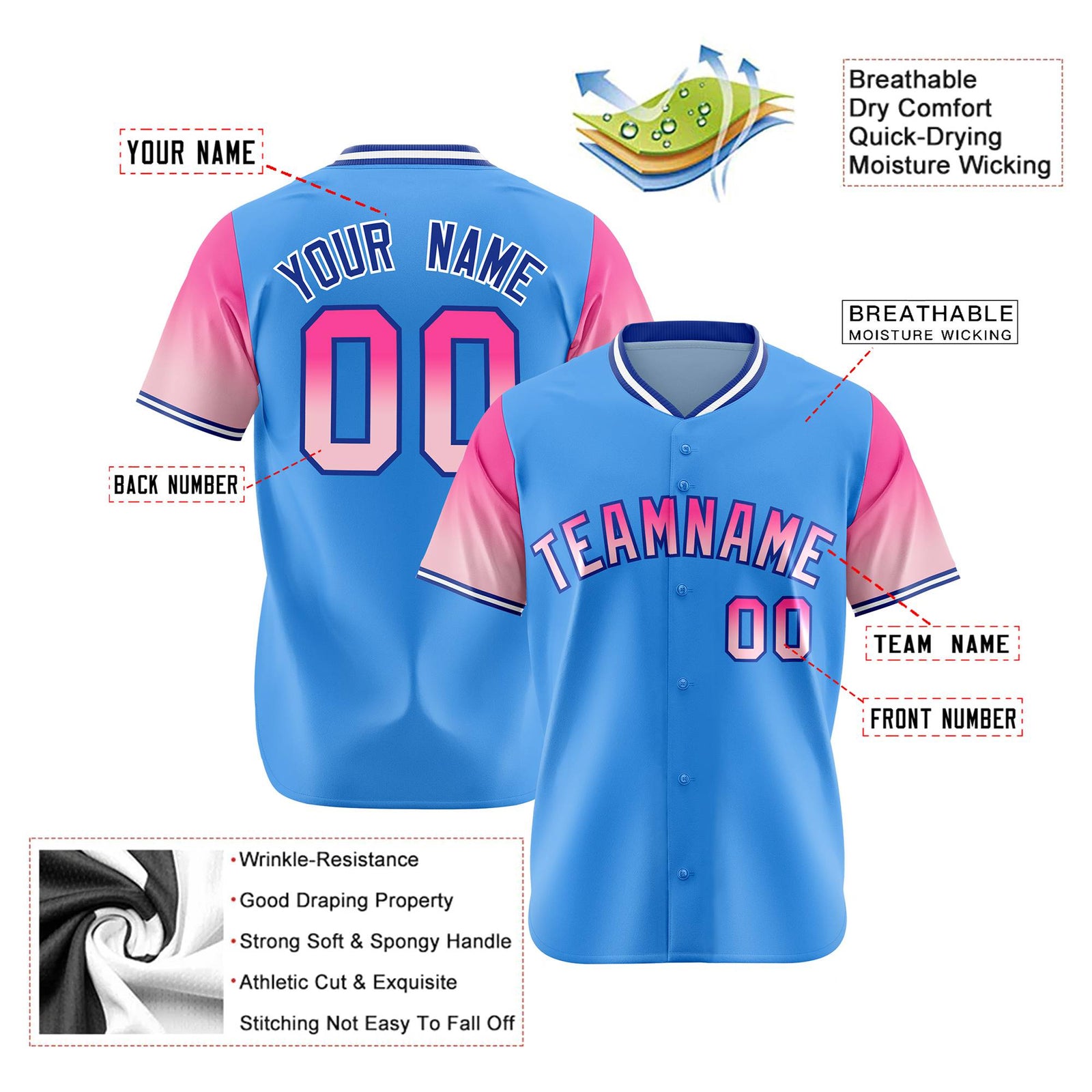 Custom Powder Blue Pink-Light Pink Gradient Fashion Authentic Baseball Jersey