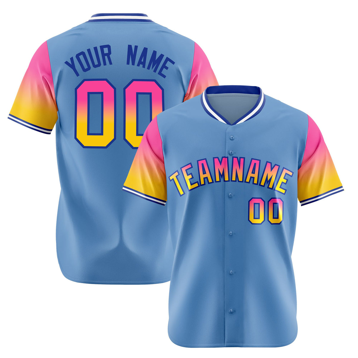 Custom Light Blue Pink-Gold Gradient Fashion Authentic Baseball Jersey