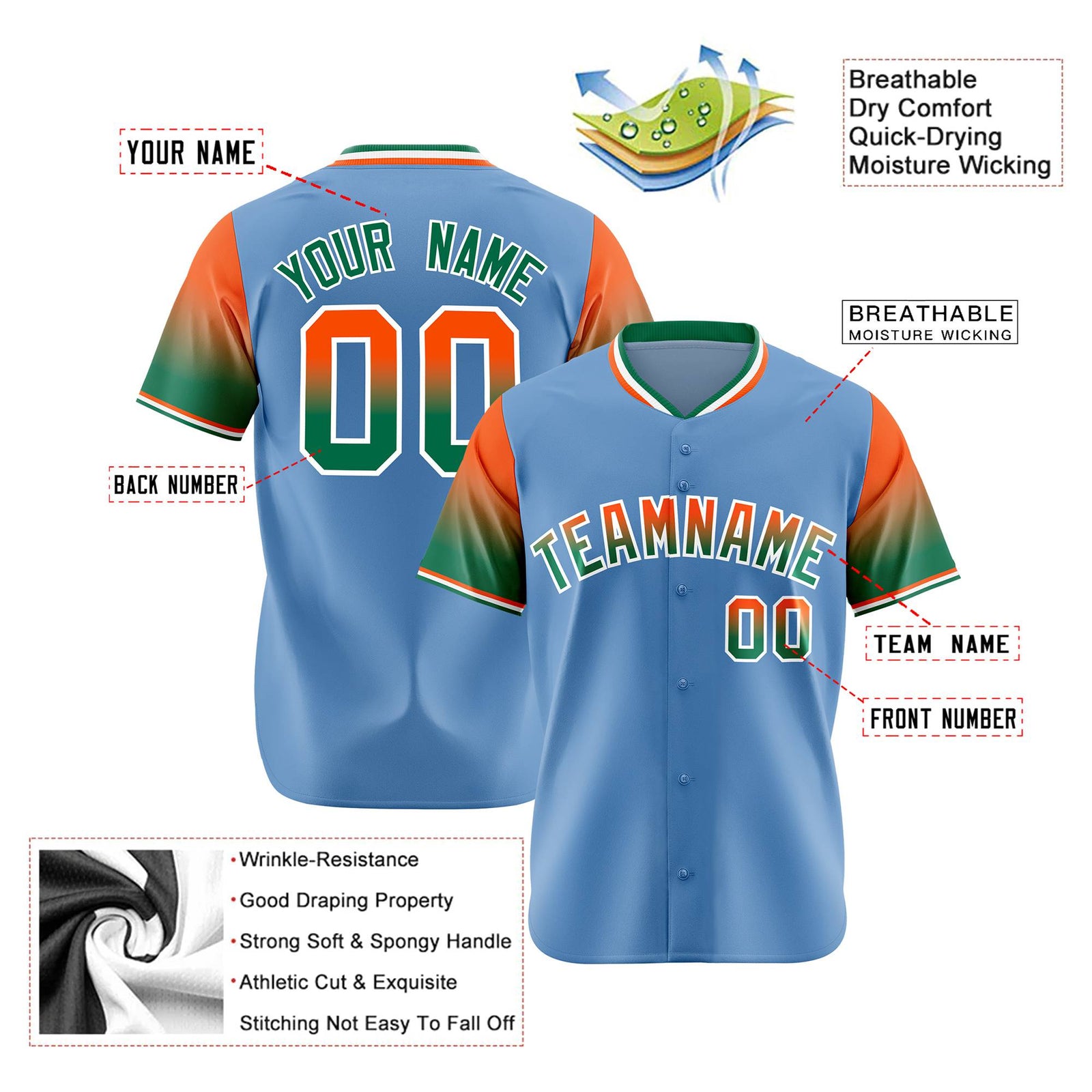 Custom Light Blue Orange-Green Gradient Fashion Authentic Baseball Jersey