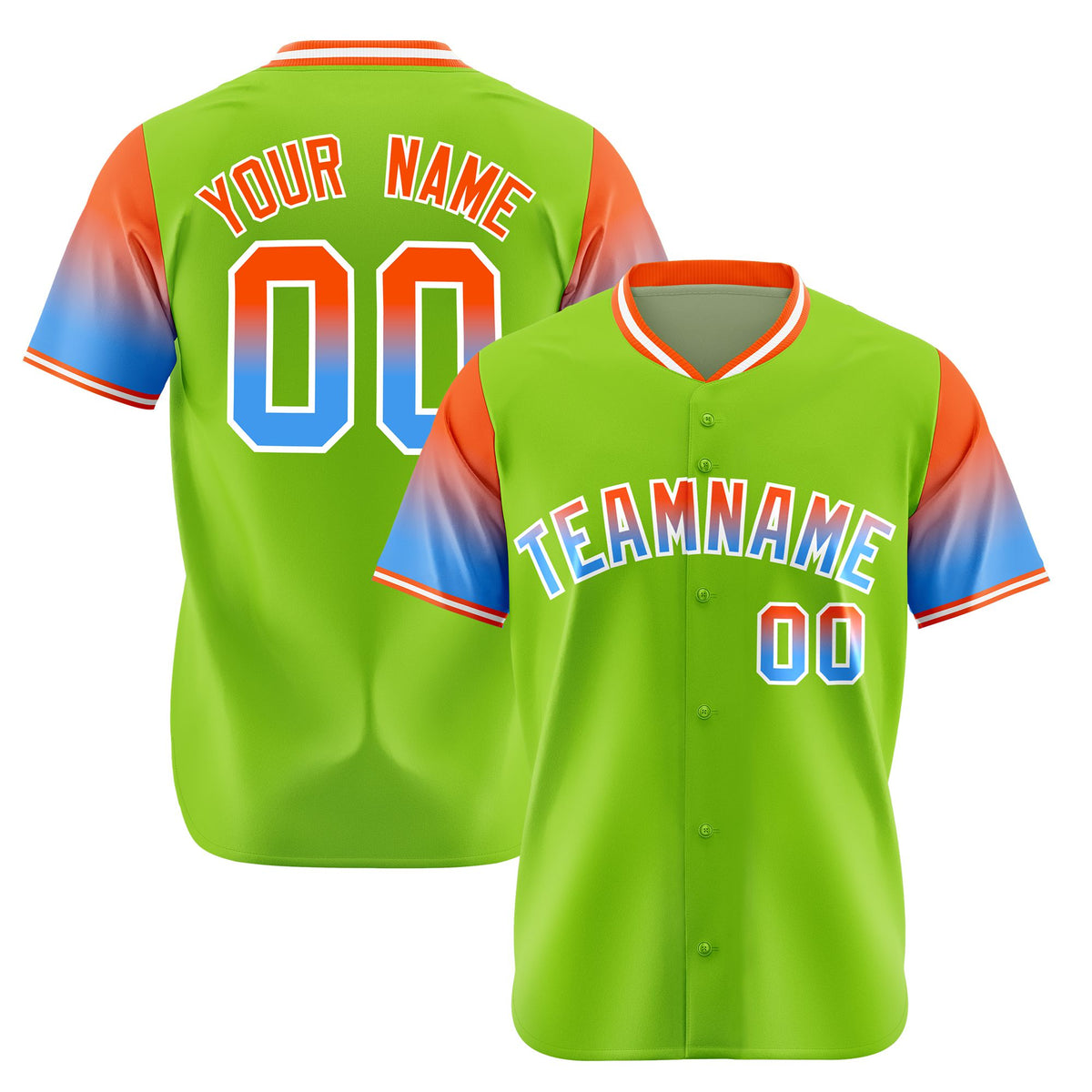 Custom Neon Green Orange-Powder Blue Gradient Fashion Authentic Baseball Jersey