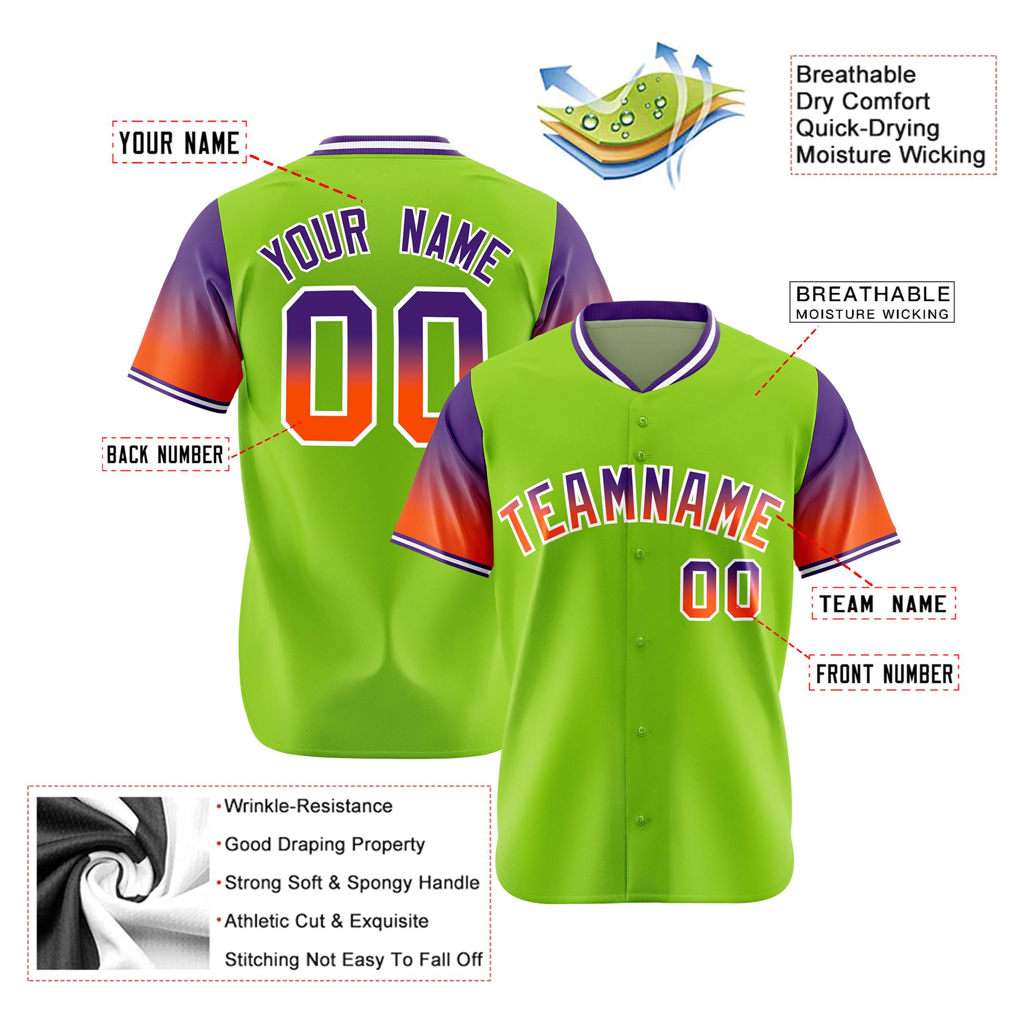 Custom Neon Green Purple-Orange Gradient Fashion Authentic Baseball Jersey