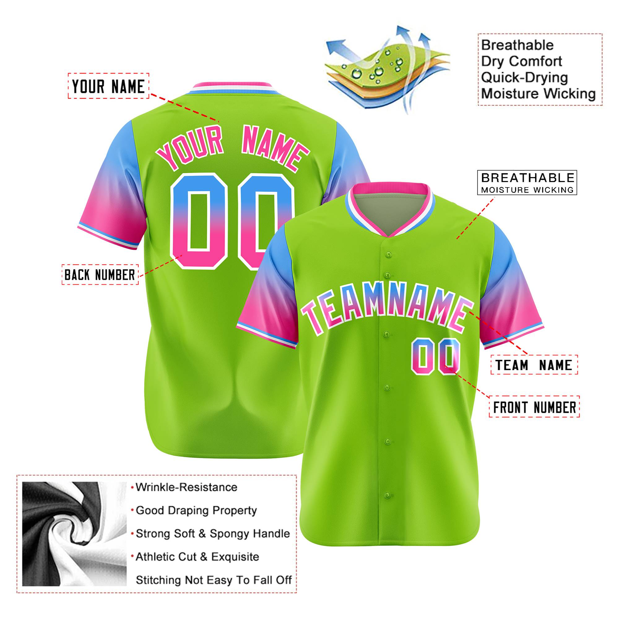 Custom Neon Green Powder Blue-Pink Gradient Fashion Authentic Baseball Jersey