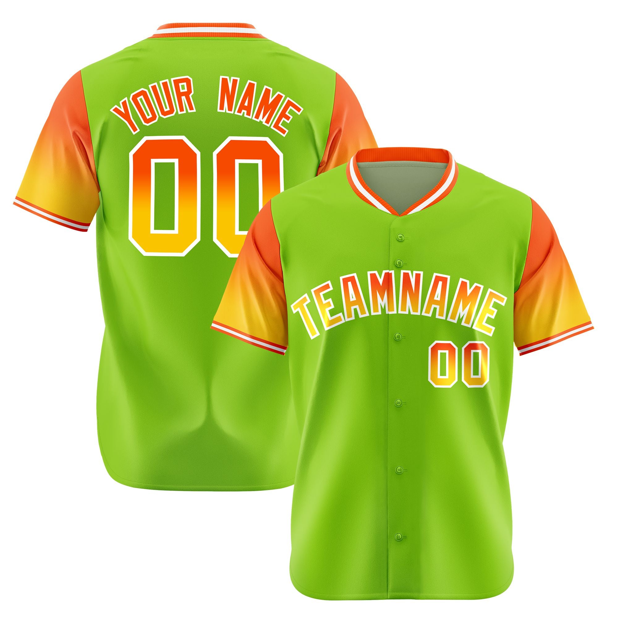 Custom Neon Green Orange-Gold Gradient Fashion Authentic Baseball Jersey