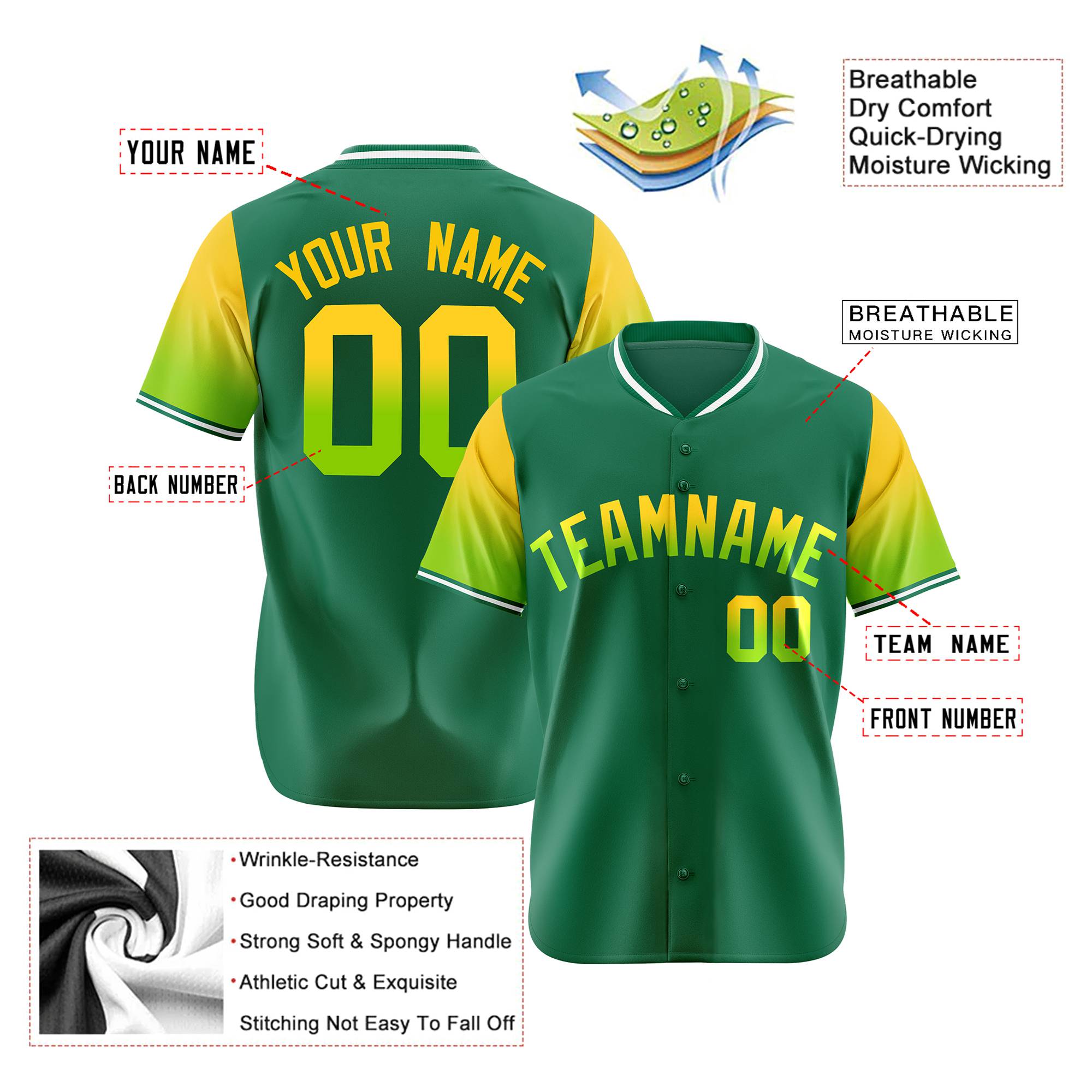 Custom Green Gold-Neon Green Gradient Fashion Authentic Baseball Jersey