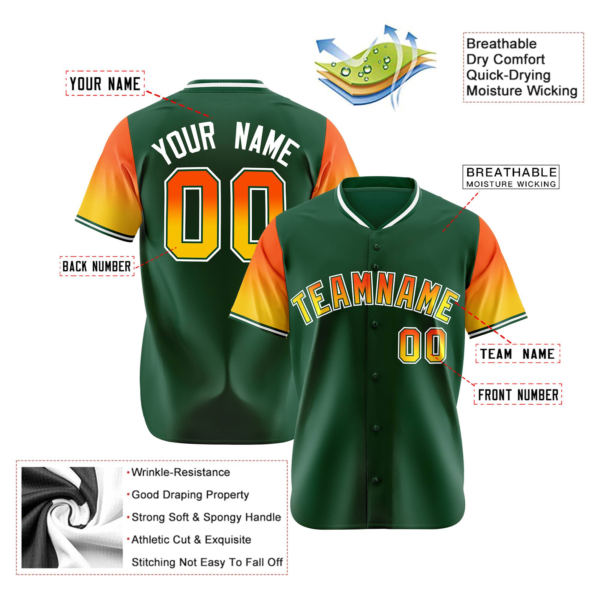 Custom Green Orange-Gold Gradient Fashion Authentic Baseball Jersey