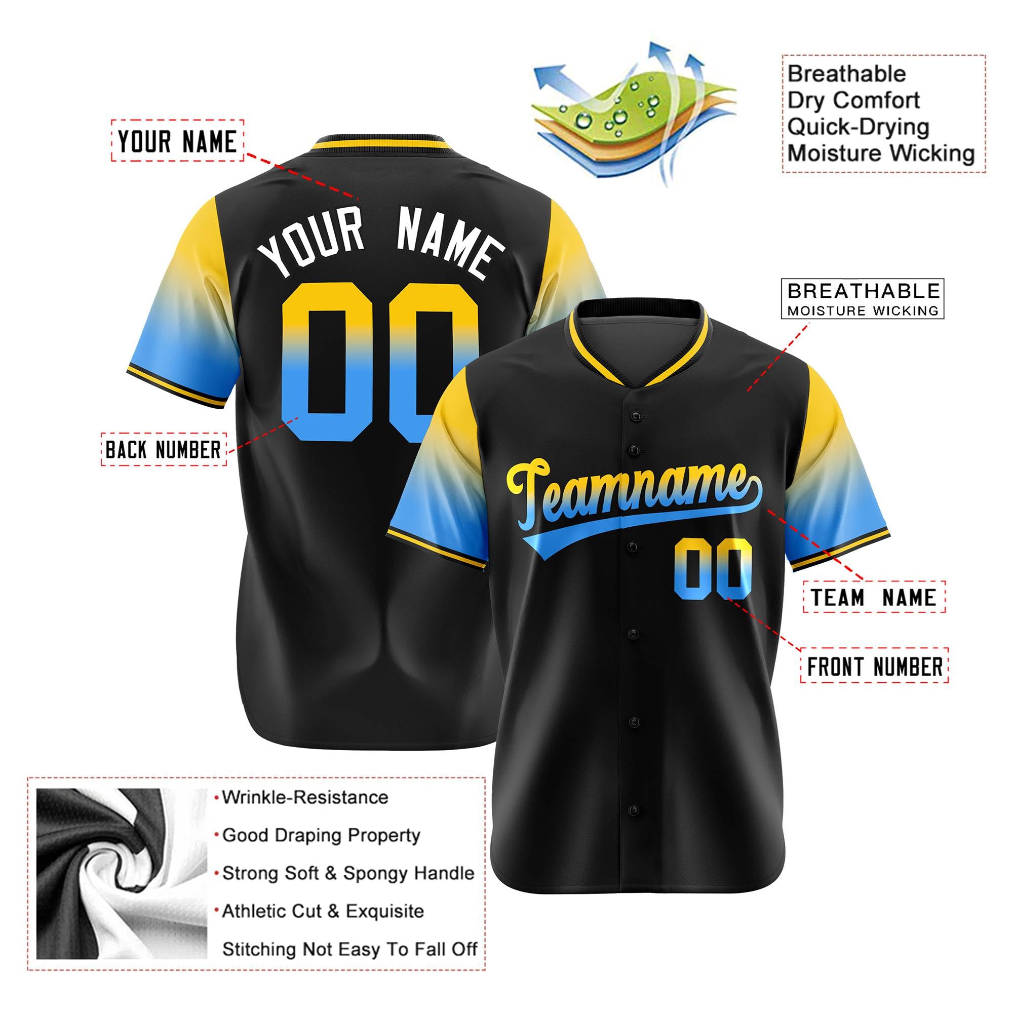 Custom Black Gold-Powder Blue Gradient Fashion Authentic Baseball Jersey