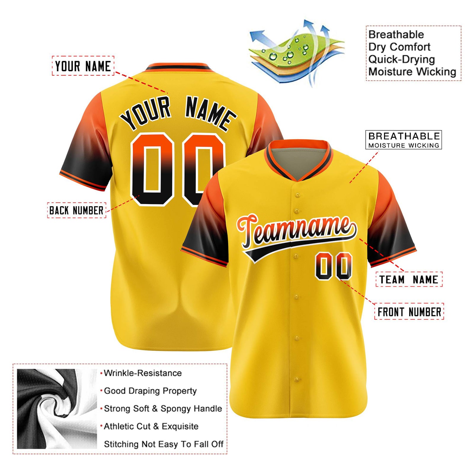 Custom Gold Orange-Black Gradient Fashion Authentic Baseball Jersey