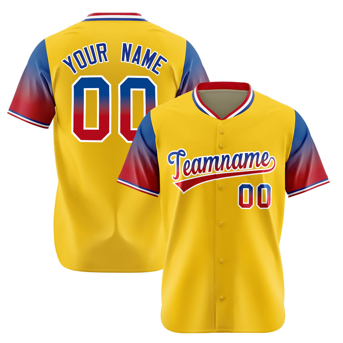 Custom Gold Royal Blue-Crimson Gradient Fashion Authentic Baseball Jersey