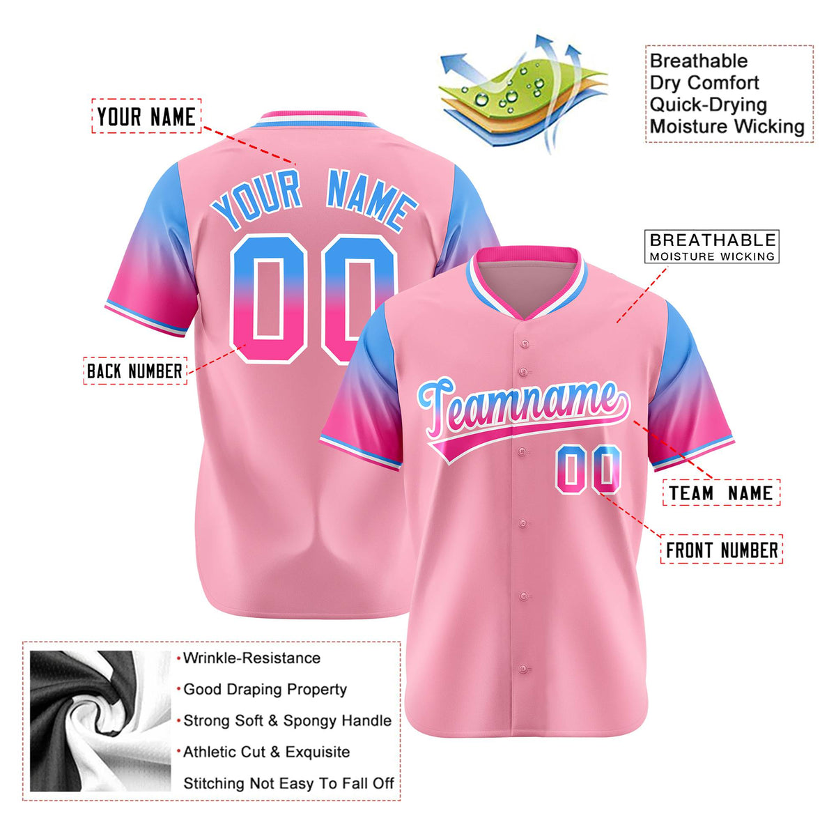 Custom Light Pink Powder Blue-Pink Gradient Fashion Authentic Baseball Jersey