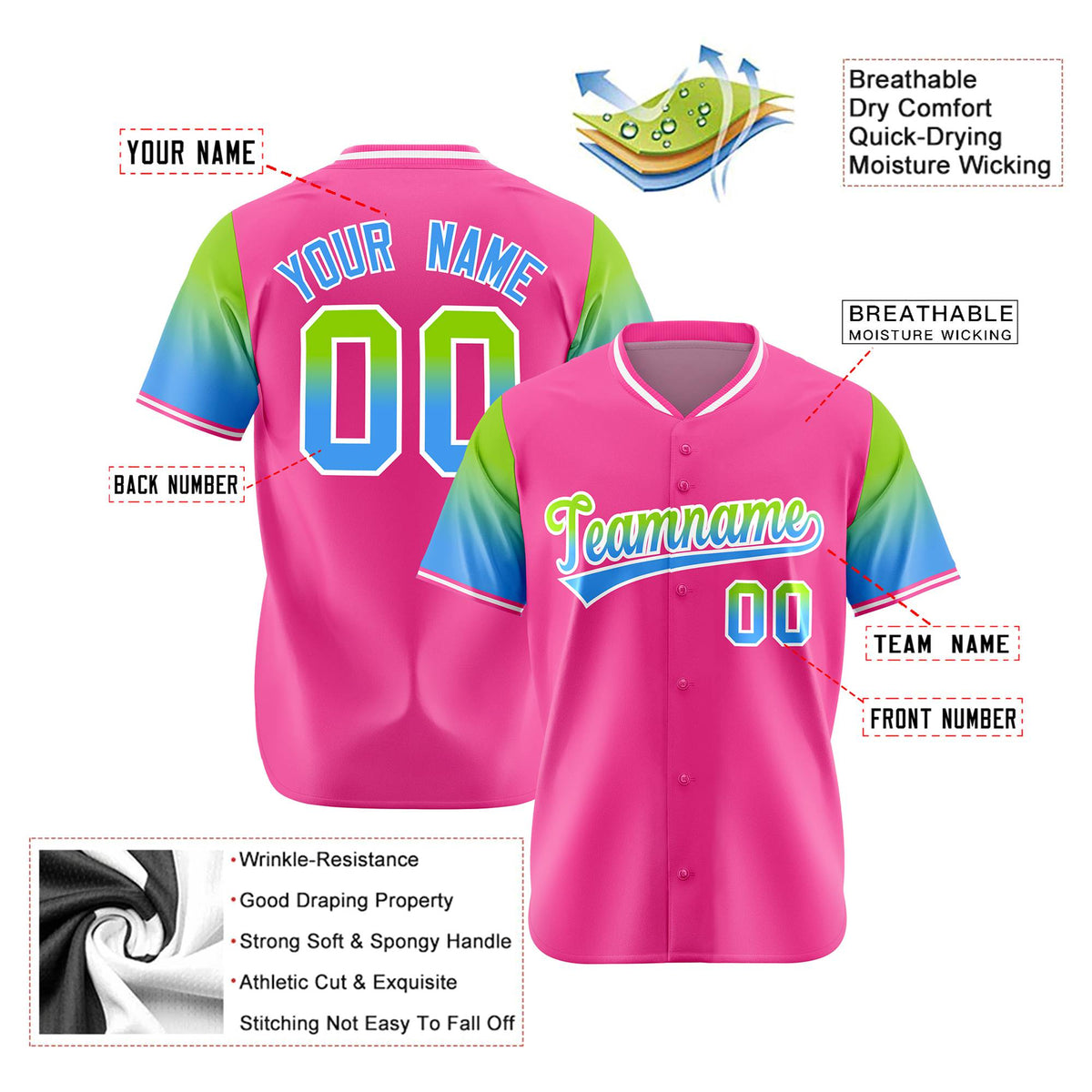 Custom Pink Neon Green-Powder Blue Gradient Fashion Authentic Baseball Jersey
