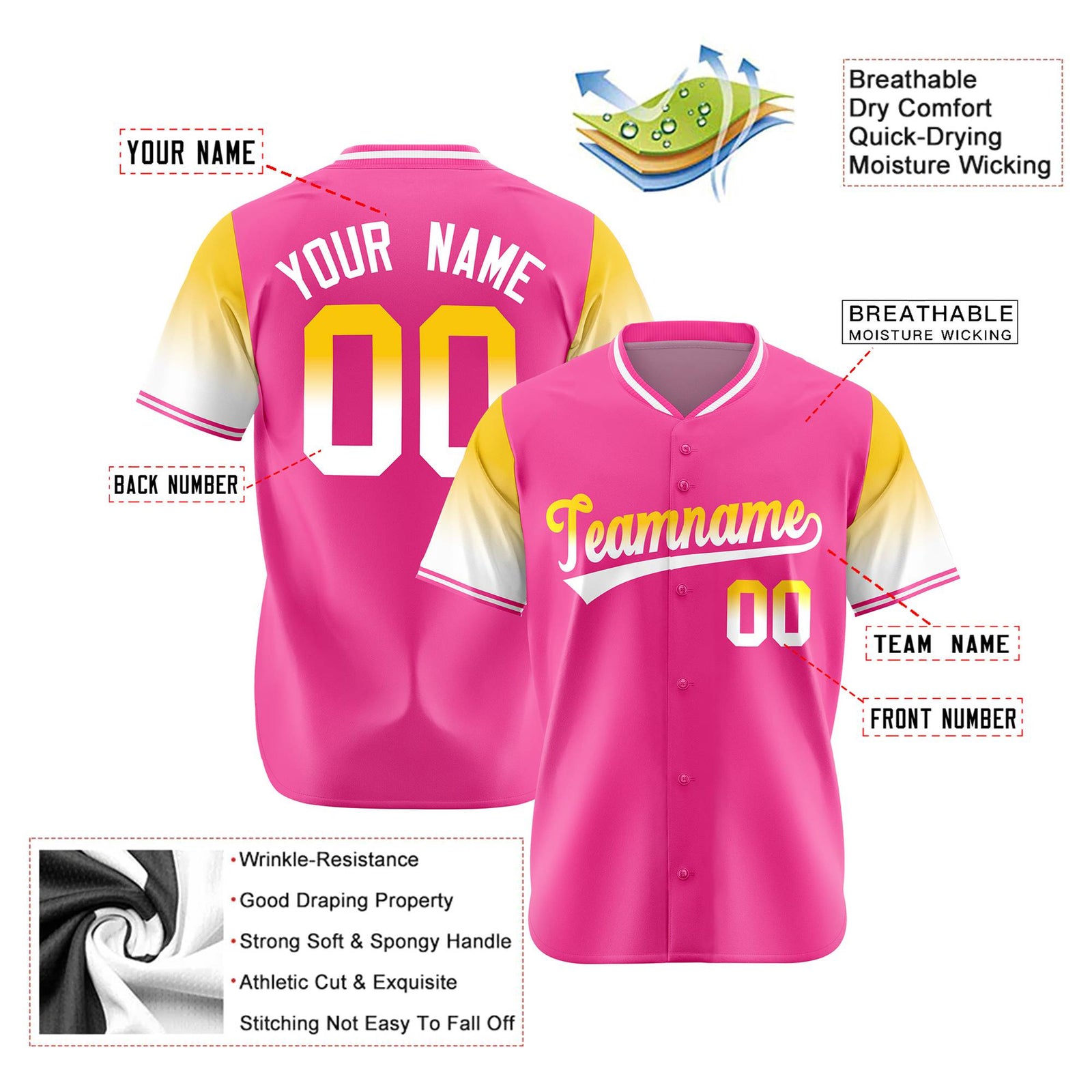 Custom Pink Gold-White Gradient Fashion Authentic Baseball Jersey
