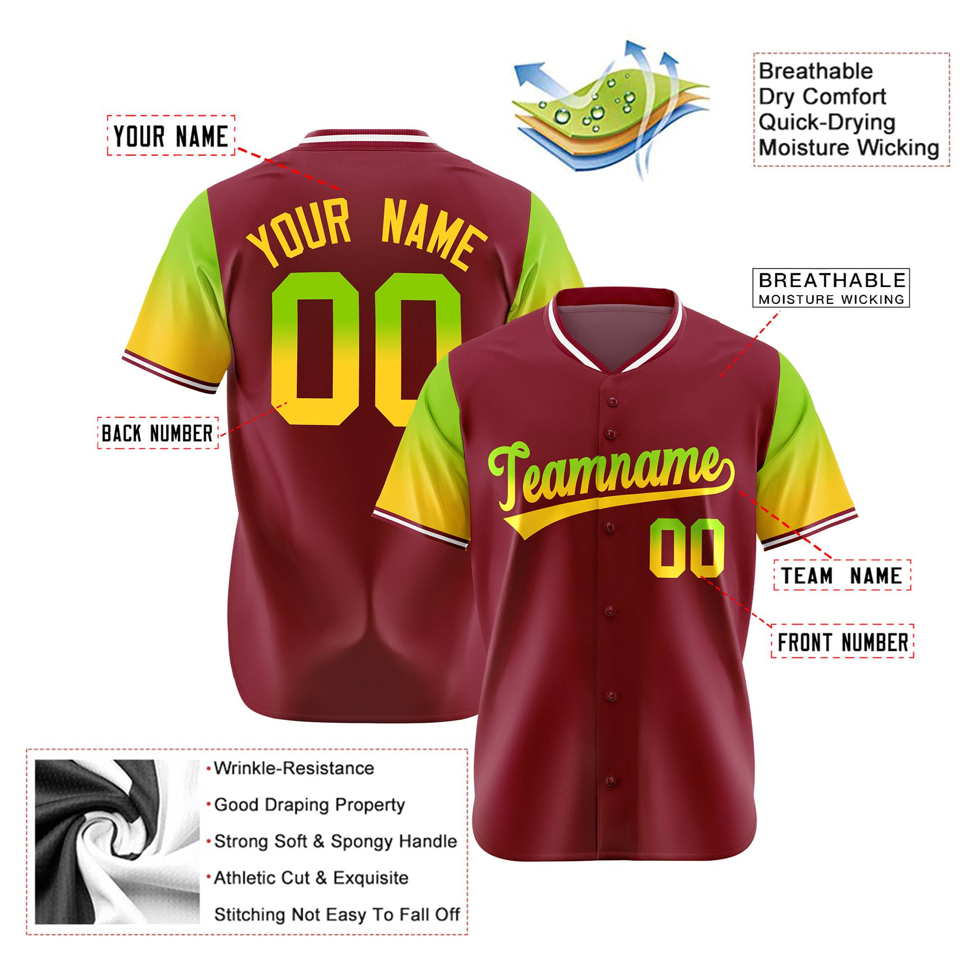 Custom Crimson Neon Green-Gold Gradient Fashion Authentic Baseball Jersey