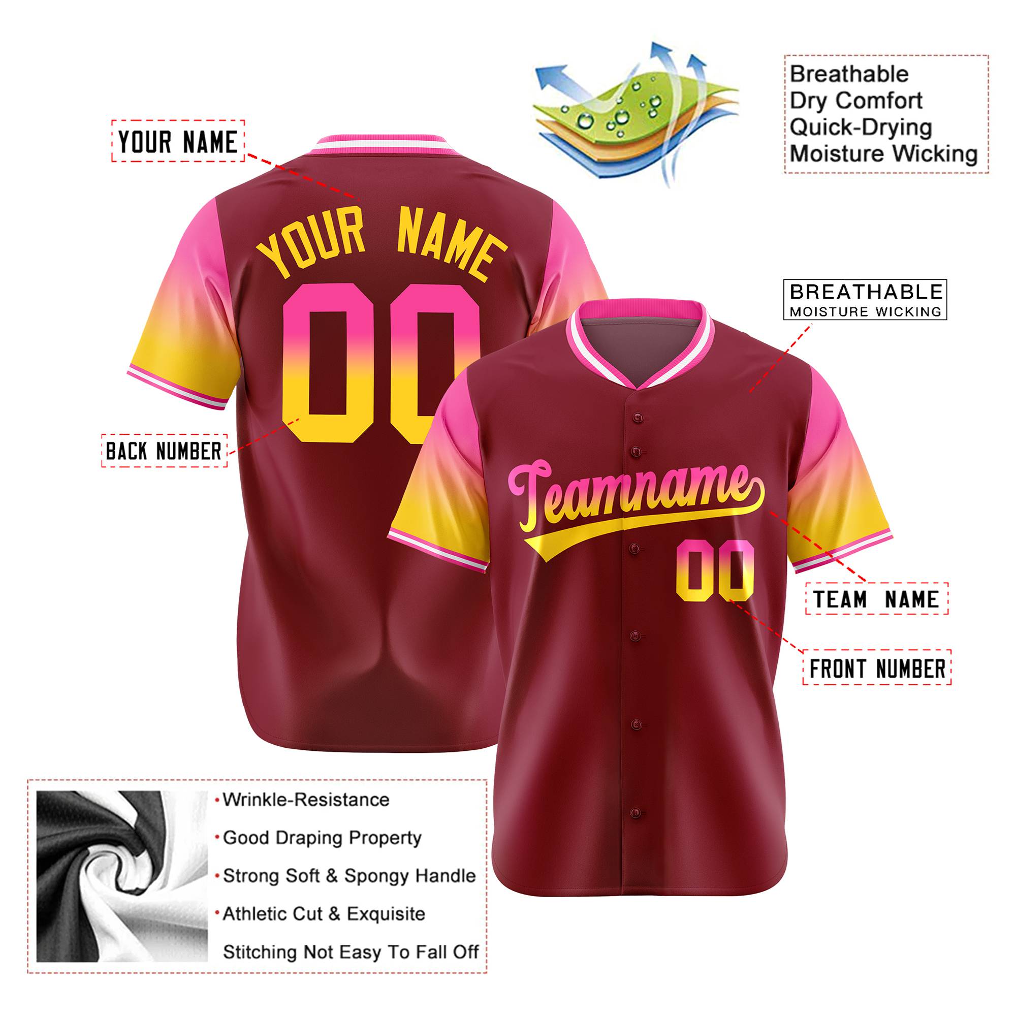 Custom Crimson Pink-Gold Gradient Fashion Authentic Baseball Jersey