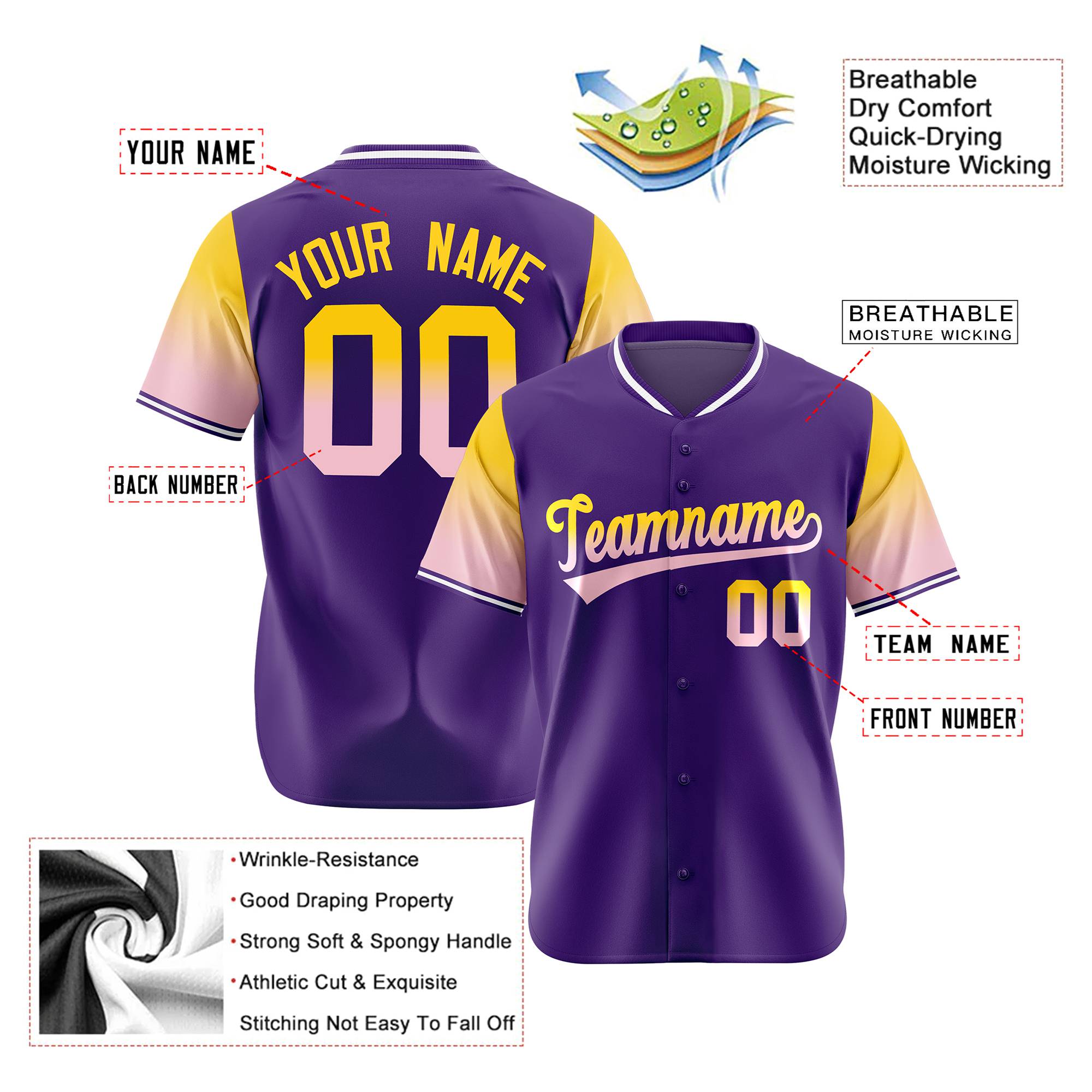 Custom Purple Gold-Light Pink Gradient Fashion Authentic Baseball Jersey