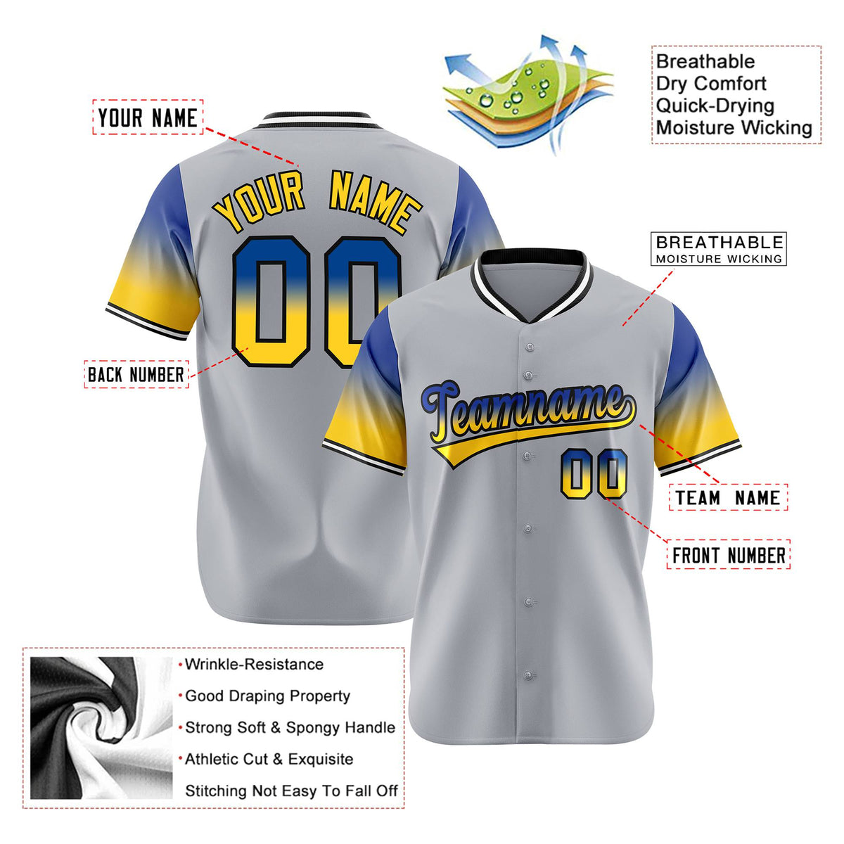 Custom Gray Royal Blue-Gold Gradient Fashion Authentic Baseball Jersey