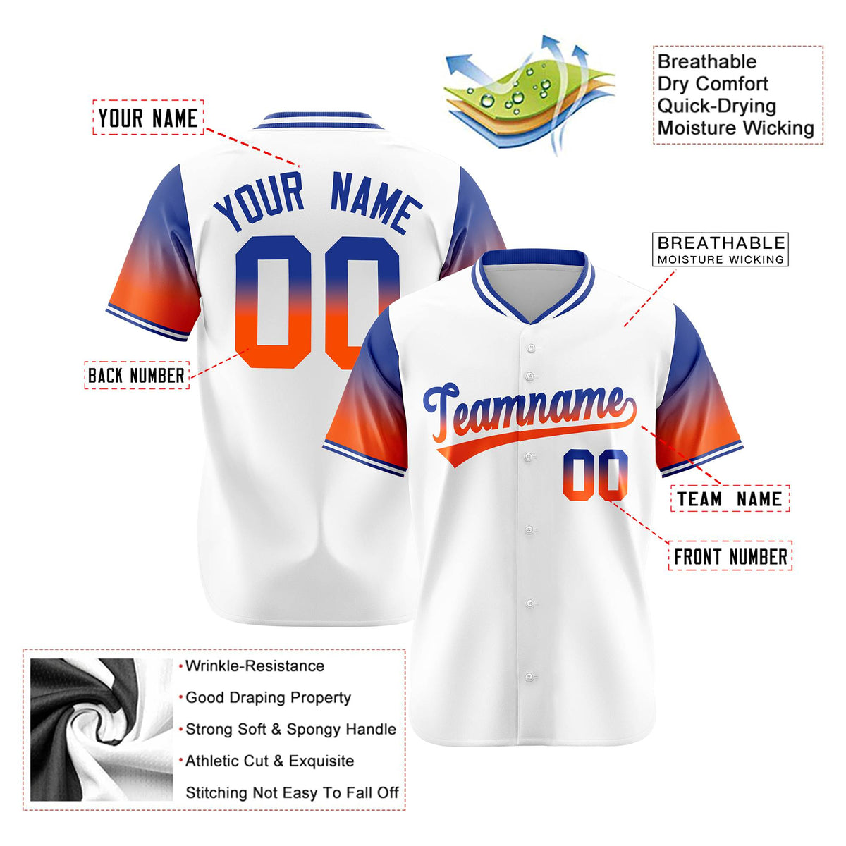 Custom White Royal Blue-Orange Gradient Fashion Authentic Baseball Jersey