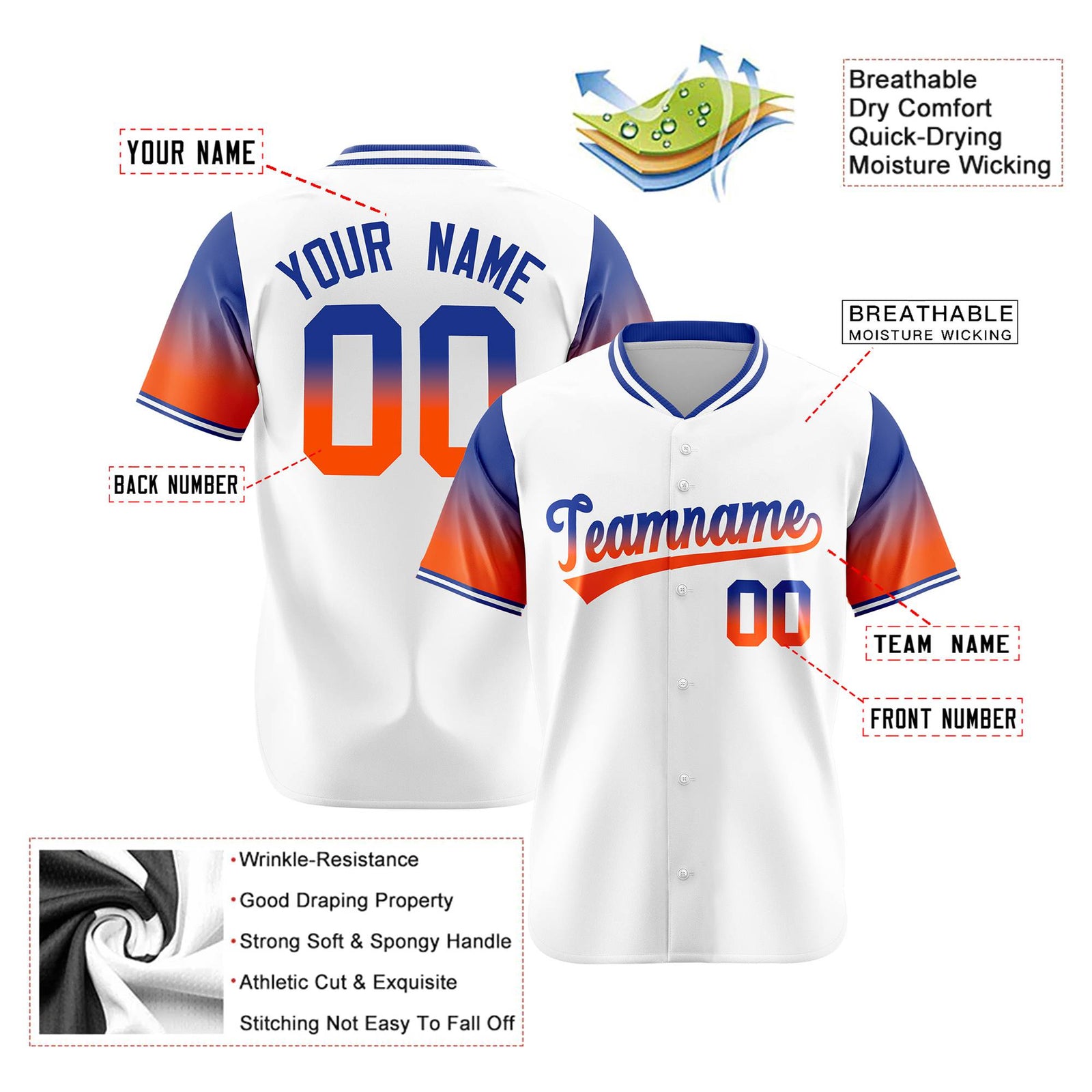 Custom White Royal Blue-Orange Gradient Fashion Authentic Baseball Jersey