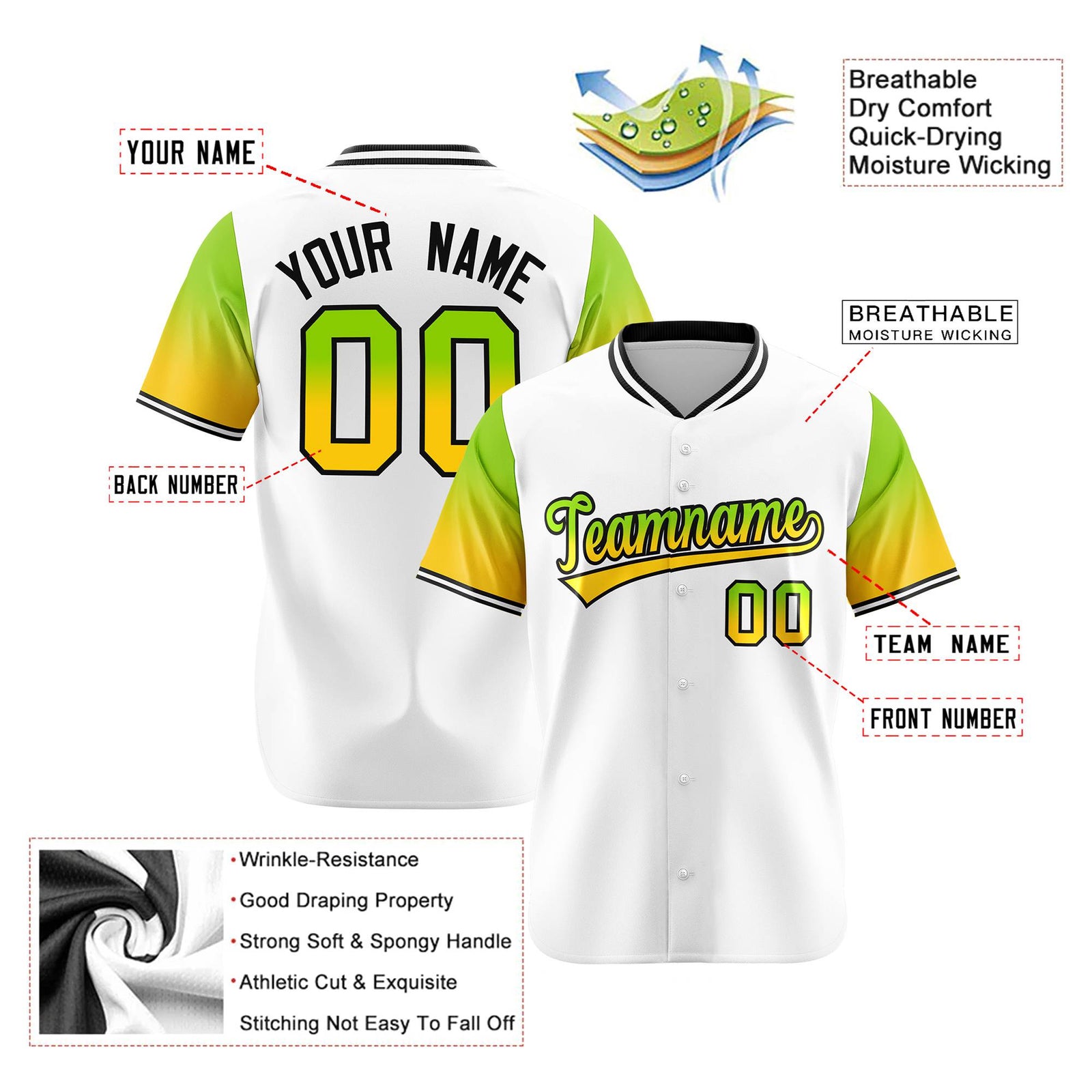 Custom White Neon Green-Gold Gradient Fashion Authentic Baseball Jersey