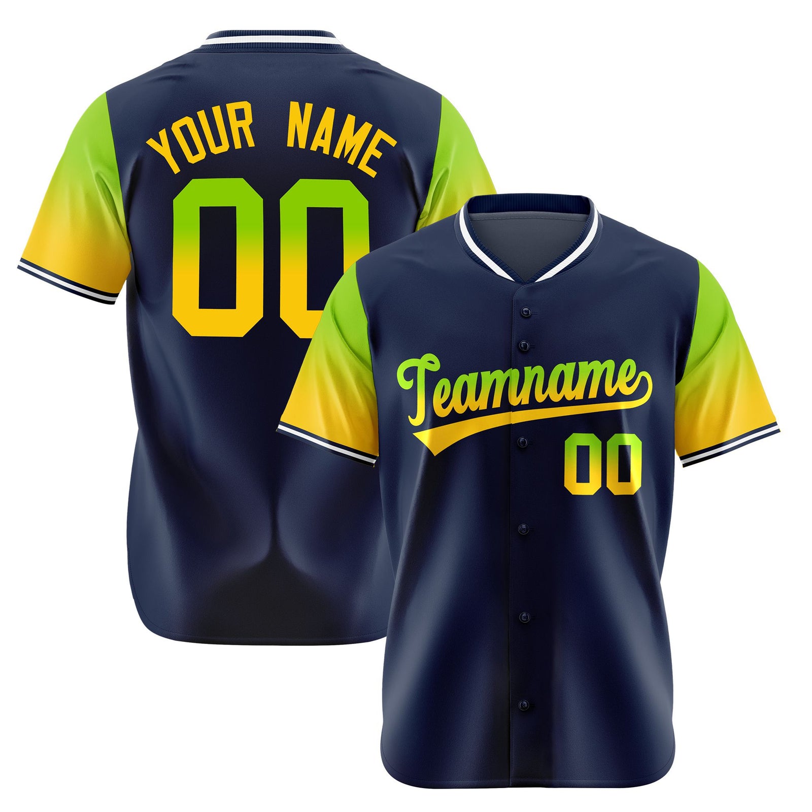 Custom Navy Neon Green-Gold Gradient Fashion Authentic Baseball Jersey