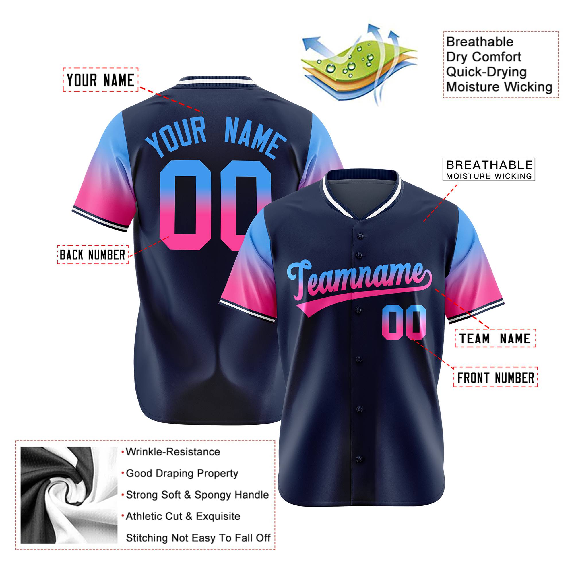 Custom Navy Powder Blue-Pink Gradient Fashion Authentic Baseball Jersey