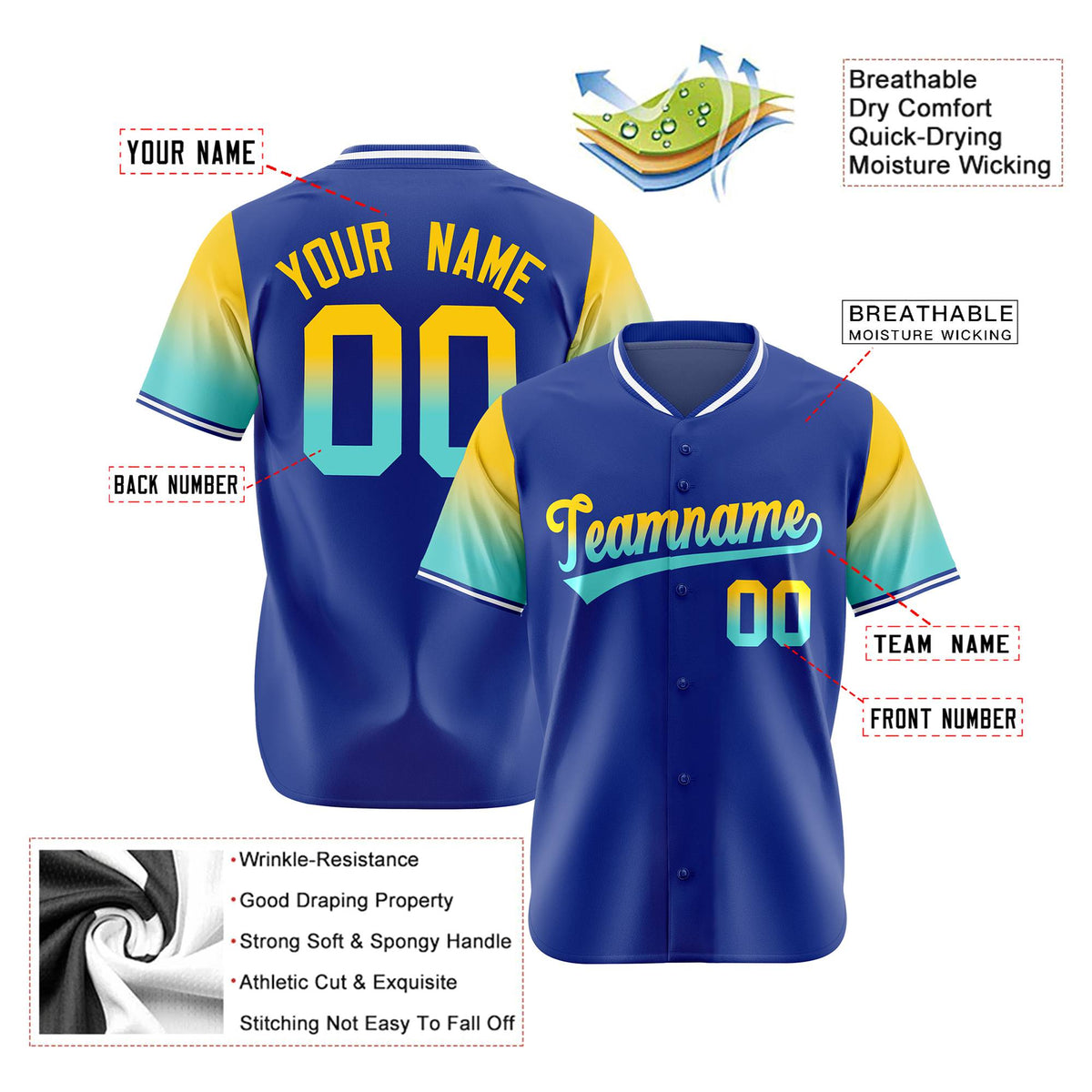 Custom Royal Blue Gold-Aqua Gradient Fashion Authentic Baseball Jersey