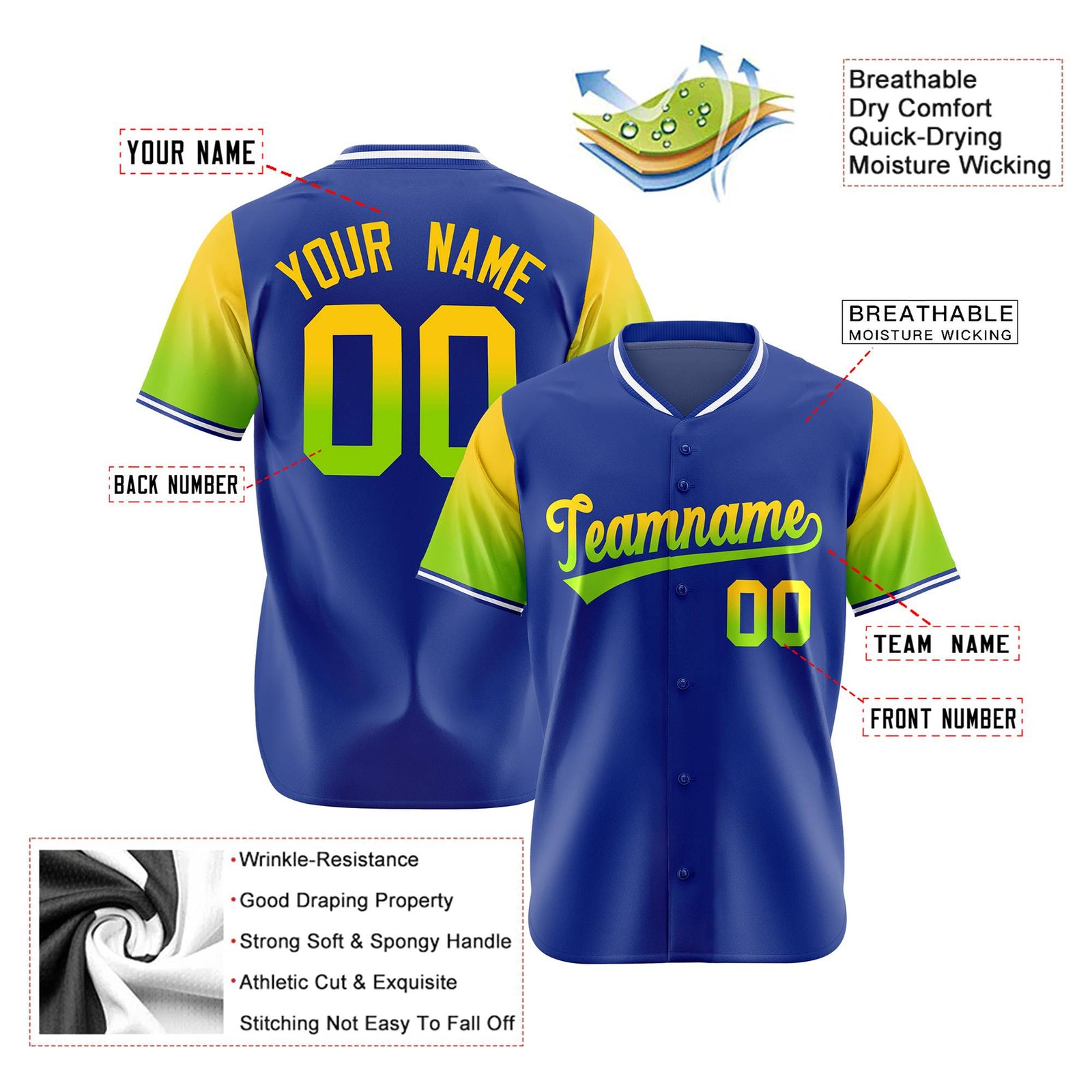 Custom Royal Blue Gold-Neon Green Gradient Fashion Authentic Baseball Jersey