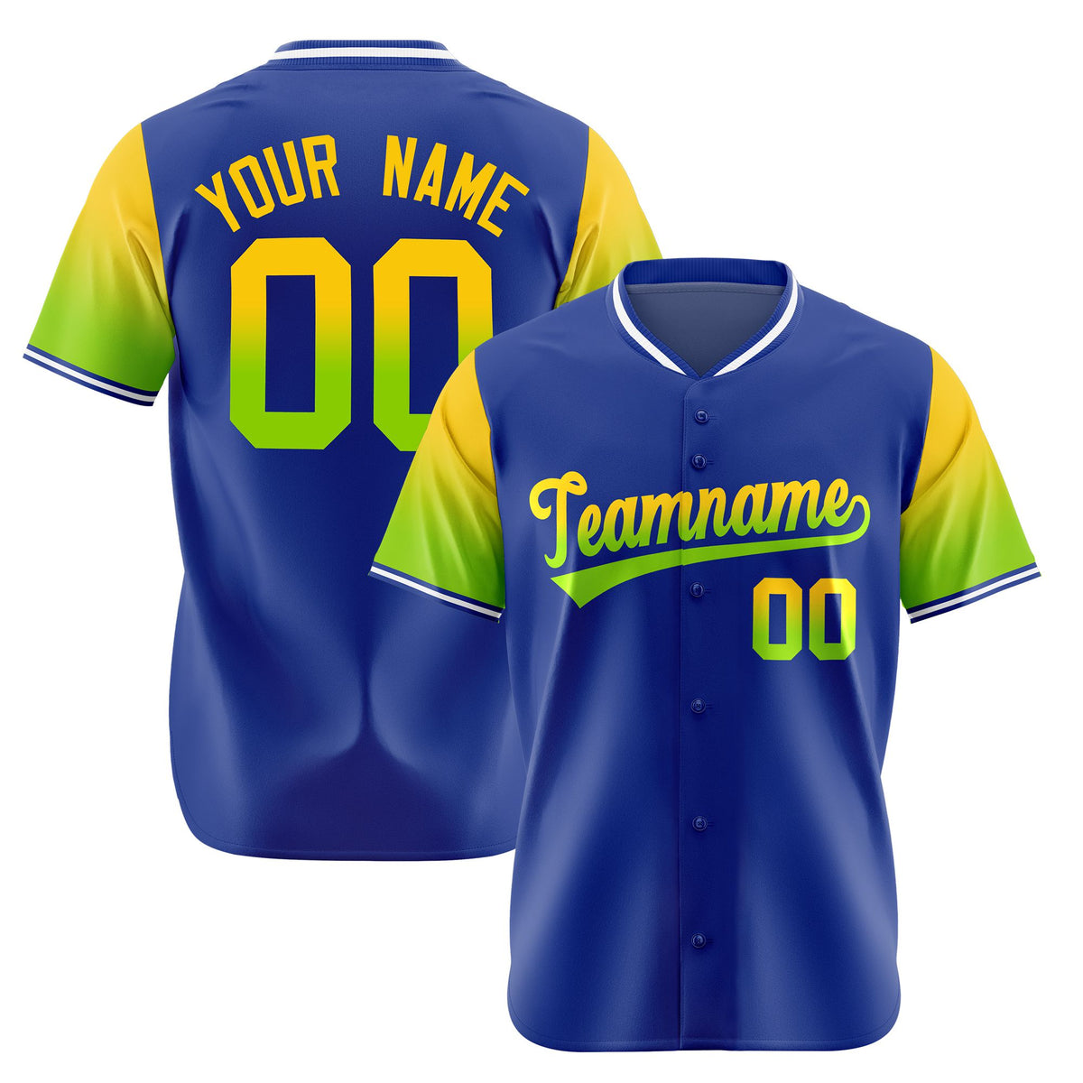 Custom Royal Blue Gold-Neon Green Gradient Fashion Authentic Baseball Jersey