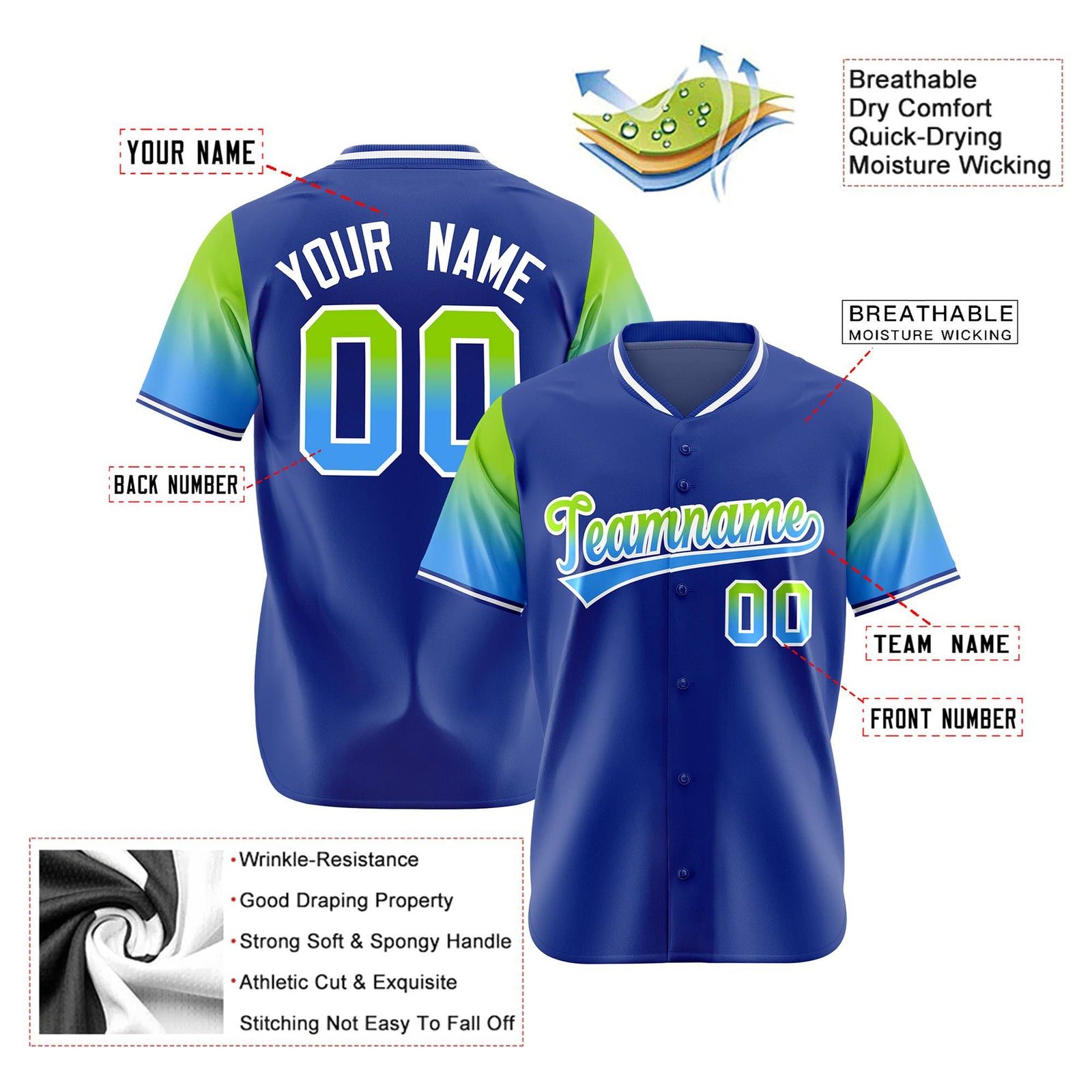 Custom Royal Blue Neon Green-Powder Blue Gradient Fashion Authentic Baseball Jersey