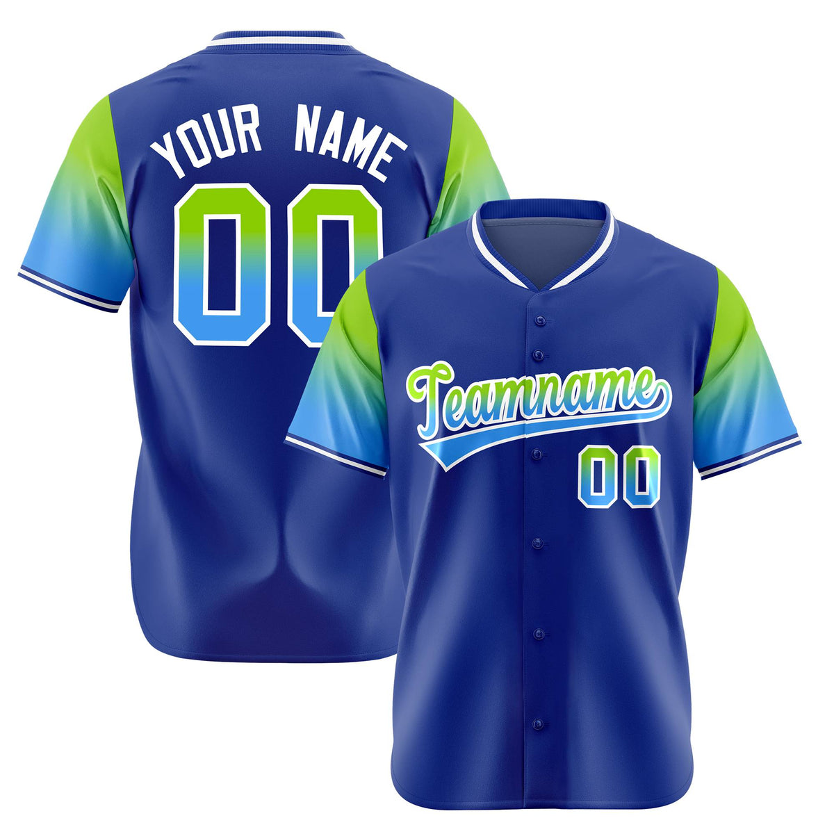 Custom Royal Blue Neon Green-Powder Blue Gradient Fashion Authentic Baseball Jersey