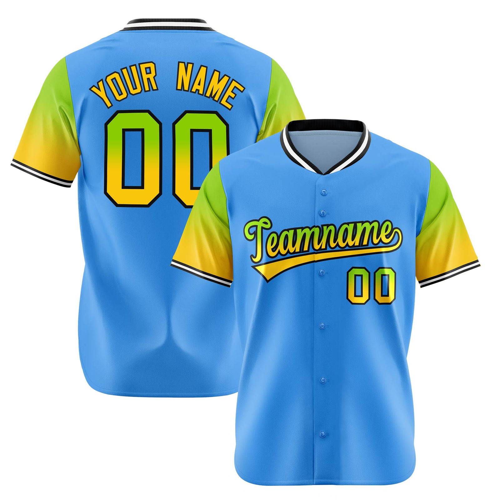 Custom Powder Blue Neon Green-Gold Gradient Fashion Authentic Baseball Jersey