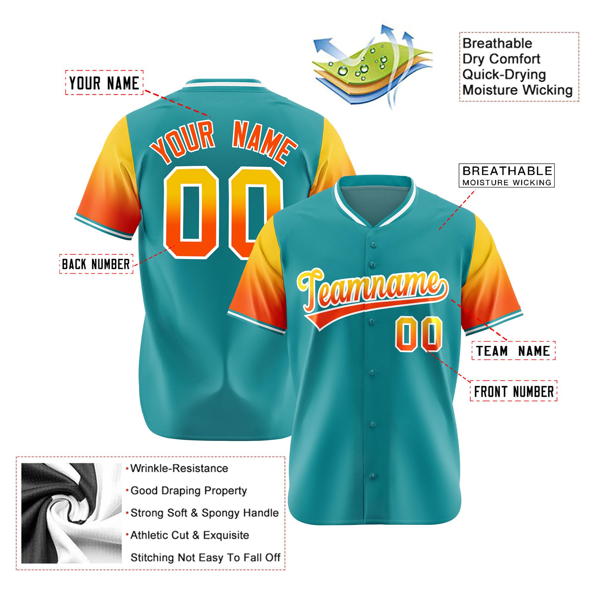 Custom Aqua Gold-Orange Gradient Fashion Authentic Baseball Jersey