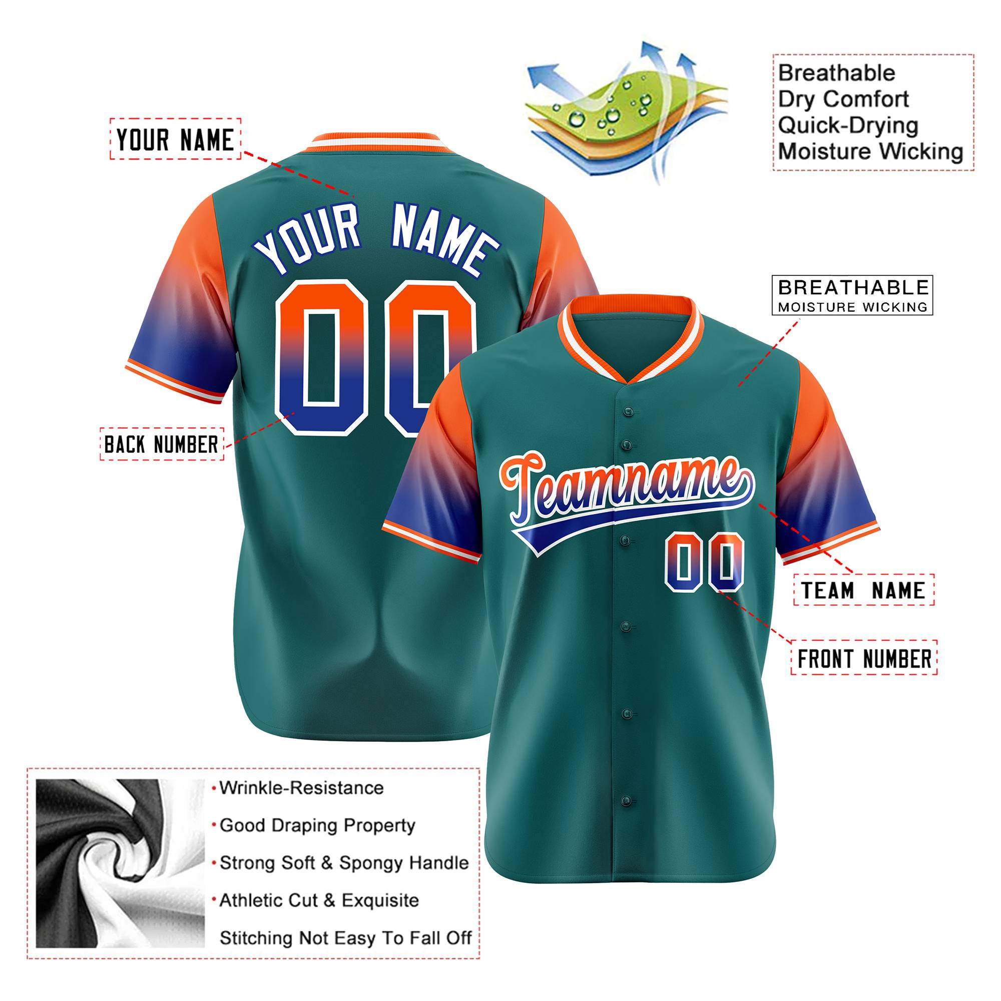 Custom Midnight Green Orange-Royal Blue Gradient Fashion Authentic Baseball Jersey