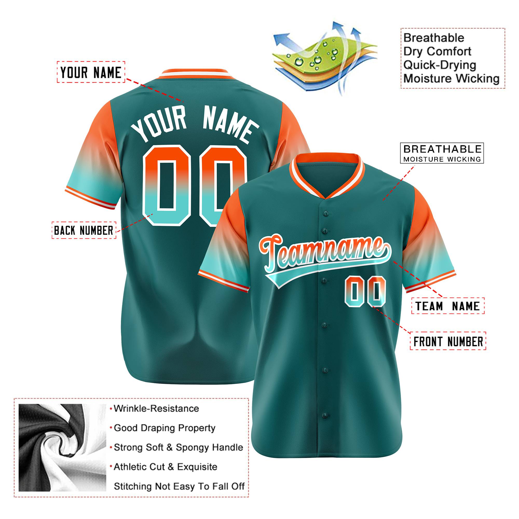 Custom Midnight Green Orange-Aqua Gradient Fashion Authentic Baseball Jersey