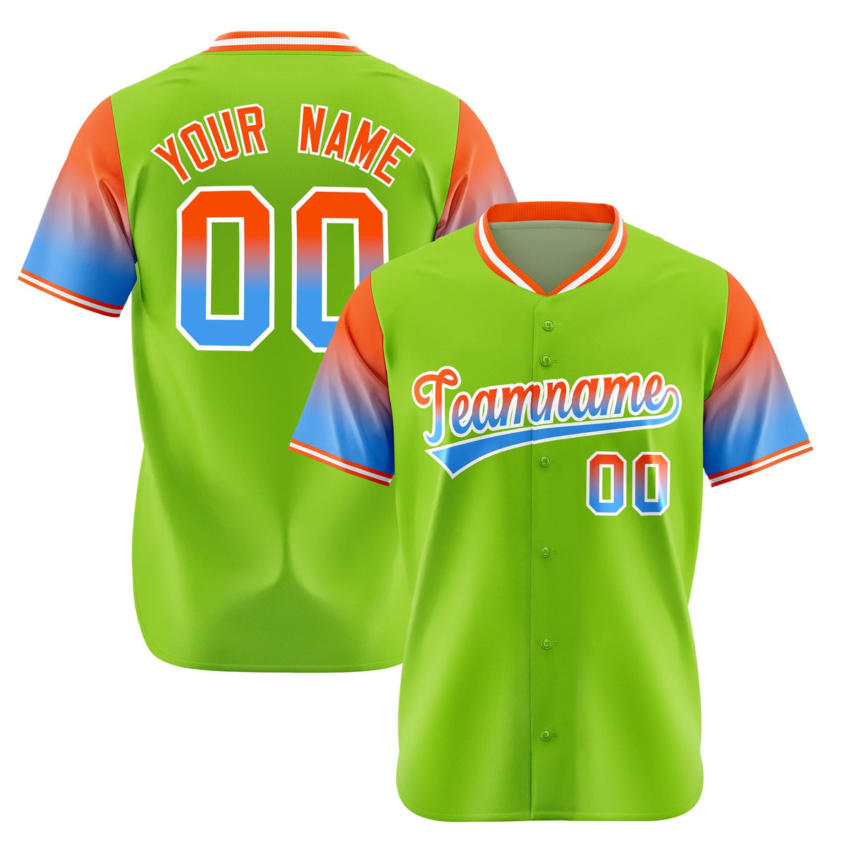 Custom Neon Green Orange-Powder Blue Gradient Fashion Authentic Baseball Jersey