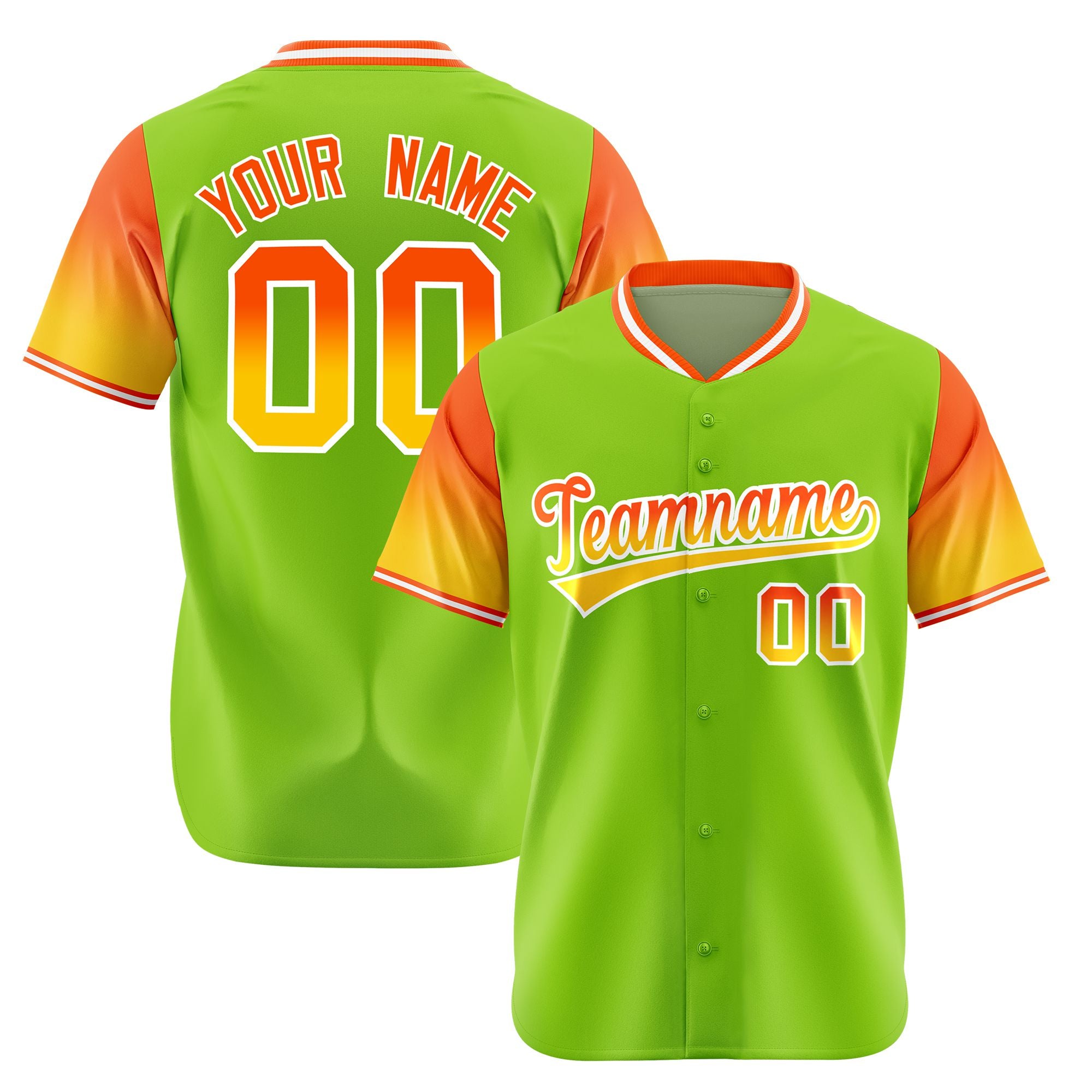 Custom Neon Green Orange-Gold Gradient Fashion Authentic Baseball Jersey