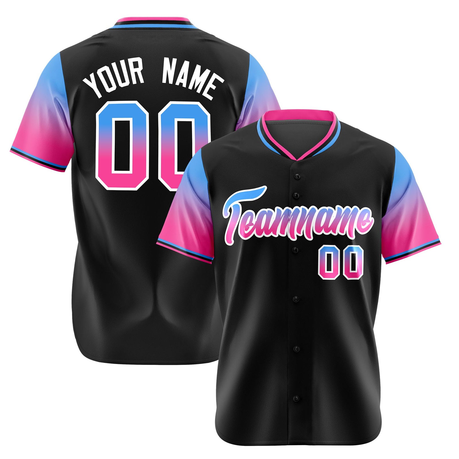 Custom Black Powder Blue-Pink Gradient Fashion Authentic Baseball Jersey